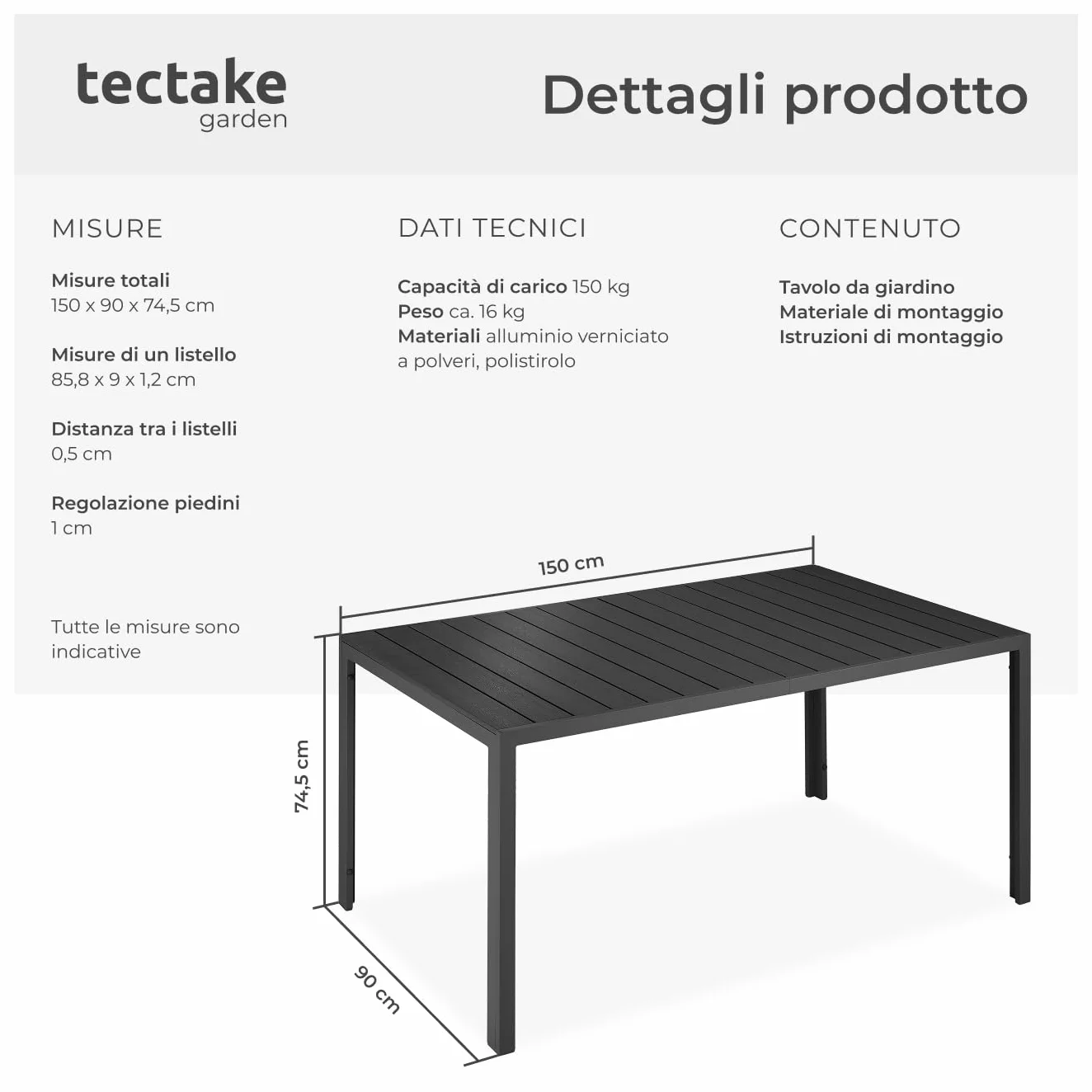 Tectake Tavolo da Giardino Rettangolare Alluminio Inossidabile 150x90x74,5 cm Nero