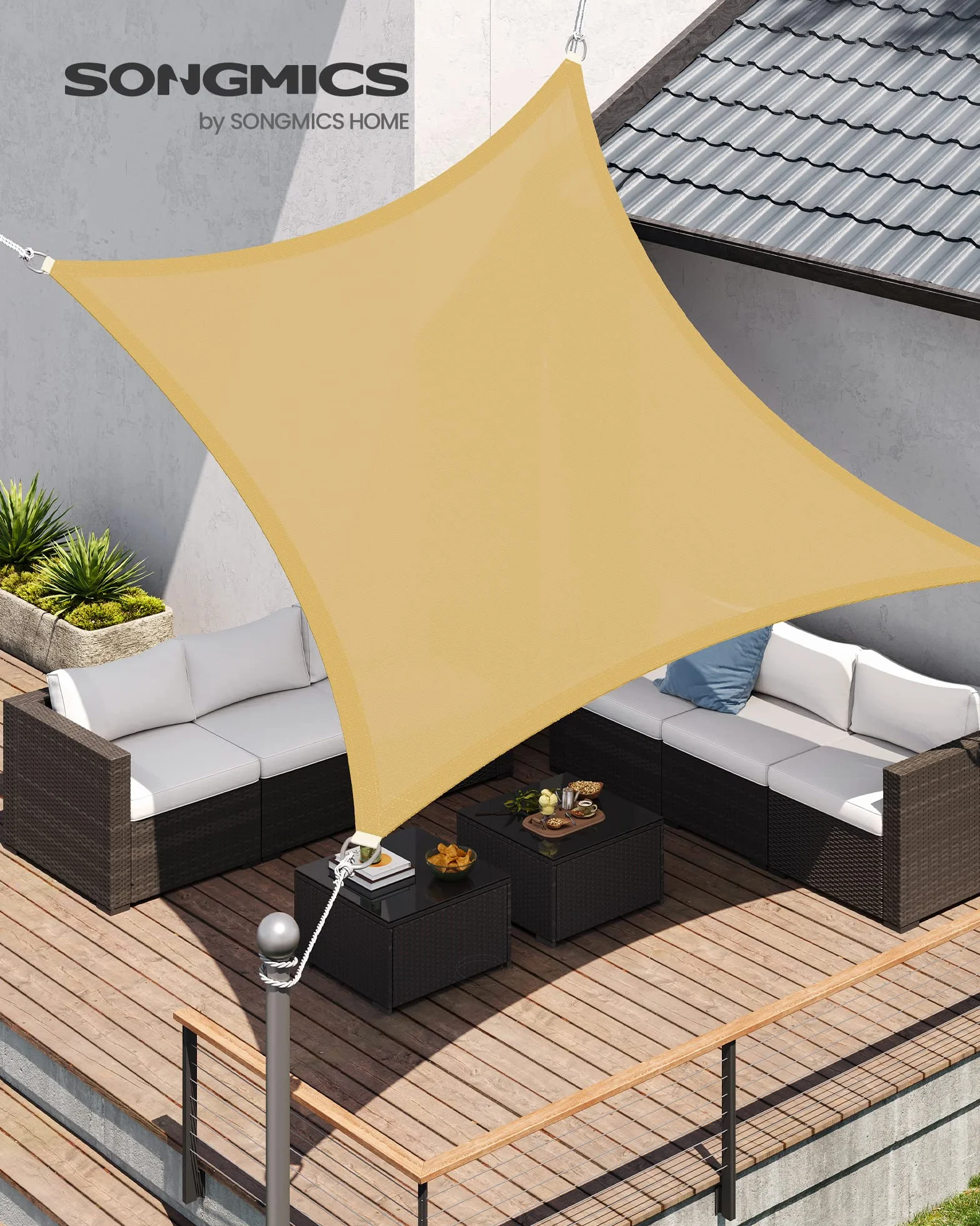SONGMICS Vela Parasole 3 x 3 m, Tenda da Sole in Tessuto HDPE, Permeabile all'Aria e all'Acqua, Giallo Sabbia
