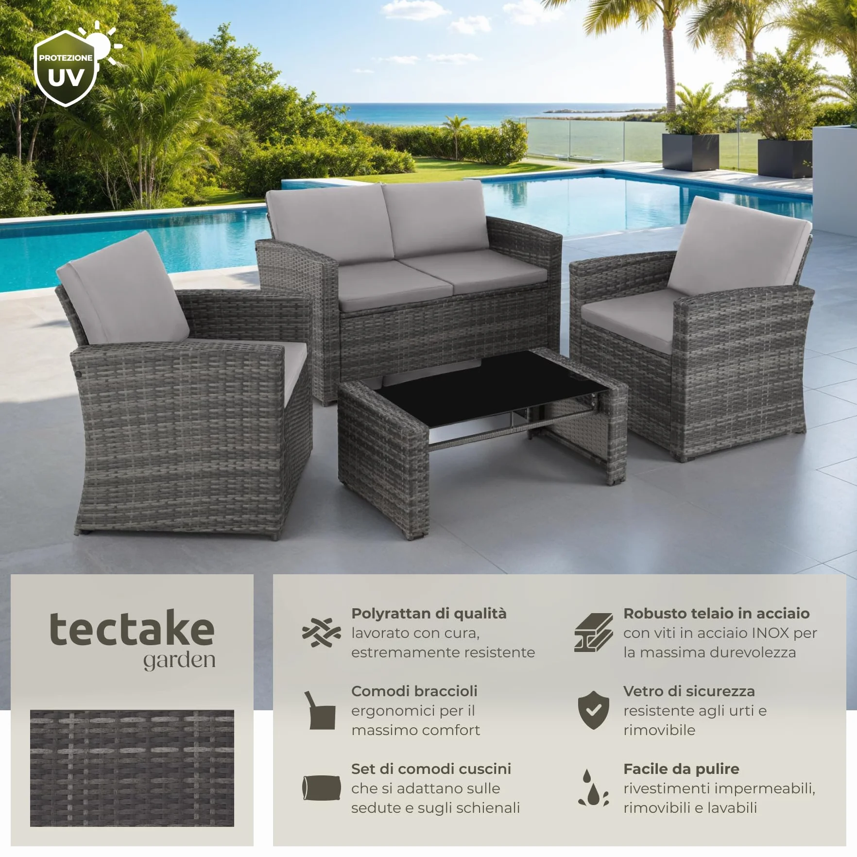 Salottino in Rattan da Giardino Esterno con 2 Poltrone, Divano e Tavolo in Vetro Rimovibile - Grigio/Grigio Chiaro