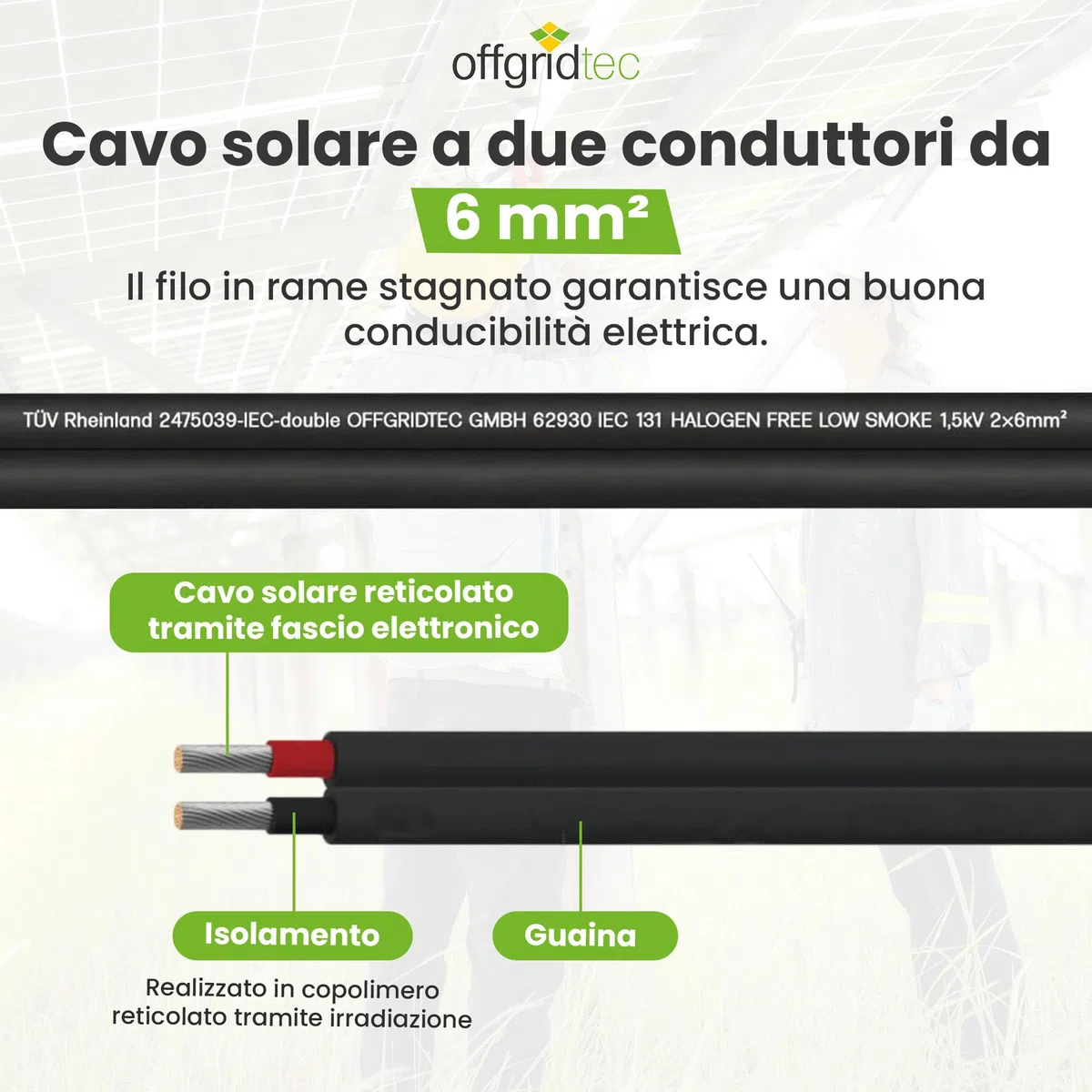 Offgridtec Cavo solare 2x6mm², cavo PV bipolare per impianti fotovoltaici, design flessibile e separabile, rame stagnato con isolamento XLPO, resistente a calore e intemperie, DC, 20 m