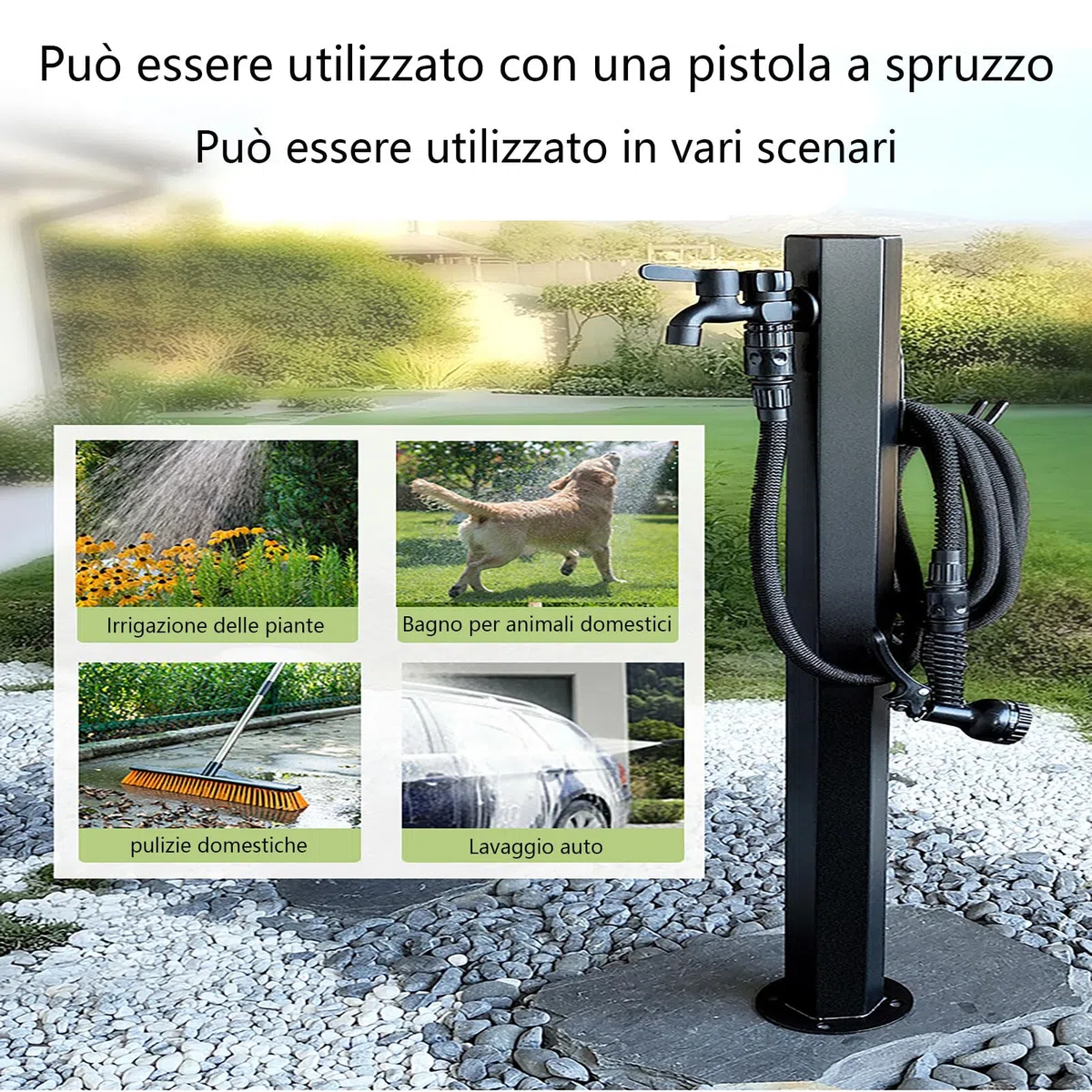 Fontana da Giardino Esterno in Acciaio Inossidabile 304, Rubinetto Antigelo a Doppia Uscita con Pistola a Spruzzo