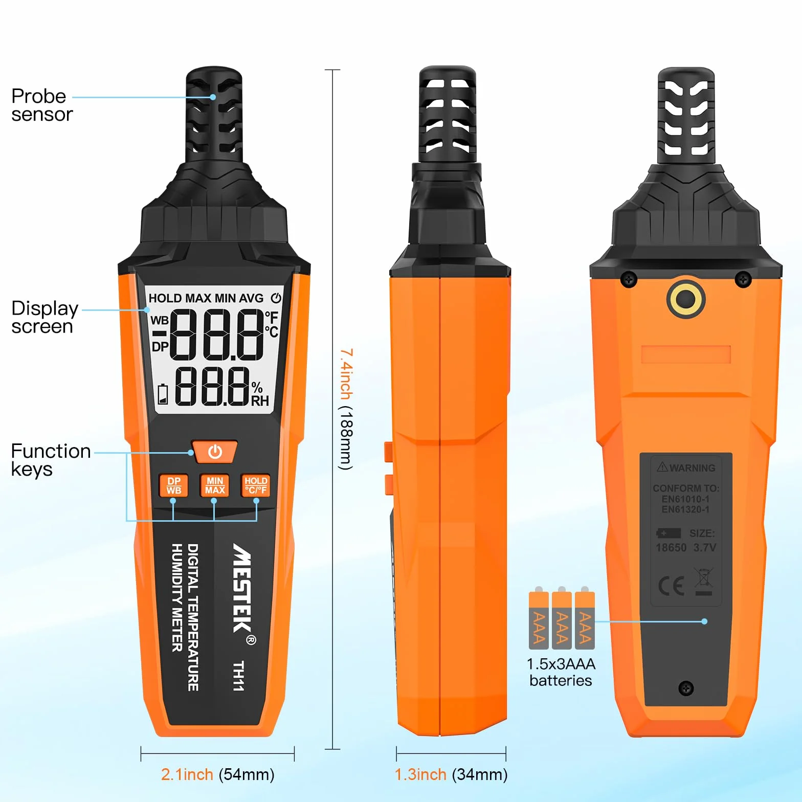 Termometro Igrometro MESTEK, Digitale Termo-Igrometro Interno Esterno, Misuratore di Umidità e Temperatura, Punto di Rugiada e Bulbo Umido Temp, Portable per Casa Ufficio Industria Agricoltura