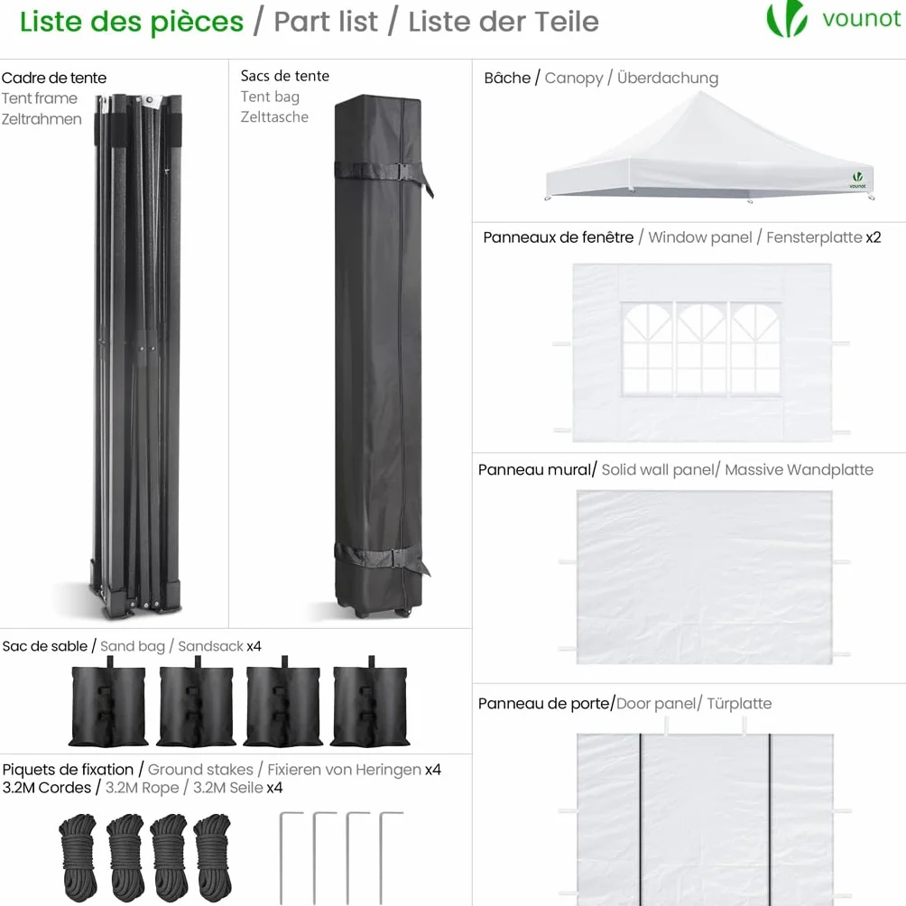 VOUNOT® Gazebo 3x3m Pieghevole con 4 Parti Laterali, Bianco
