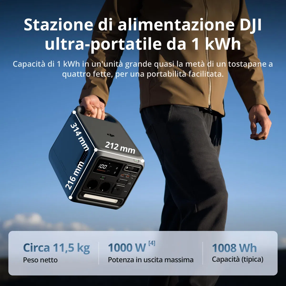 DJI Power 1000 Mini stazione di alimentazione portatile, batteria LFP 1008 Wh, dimensioni compatte, potenza max di 1000 W, ricarica da 0% a 80% in 58 minuti, generatore elettrico per casa e campeggio