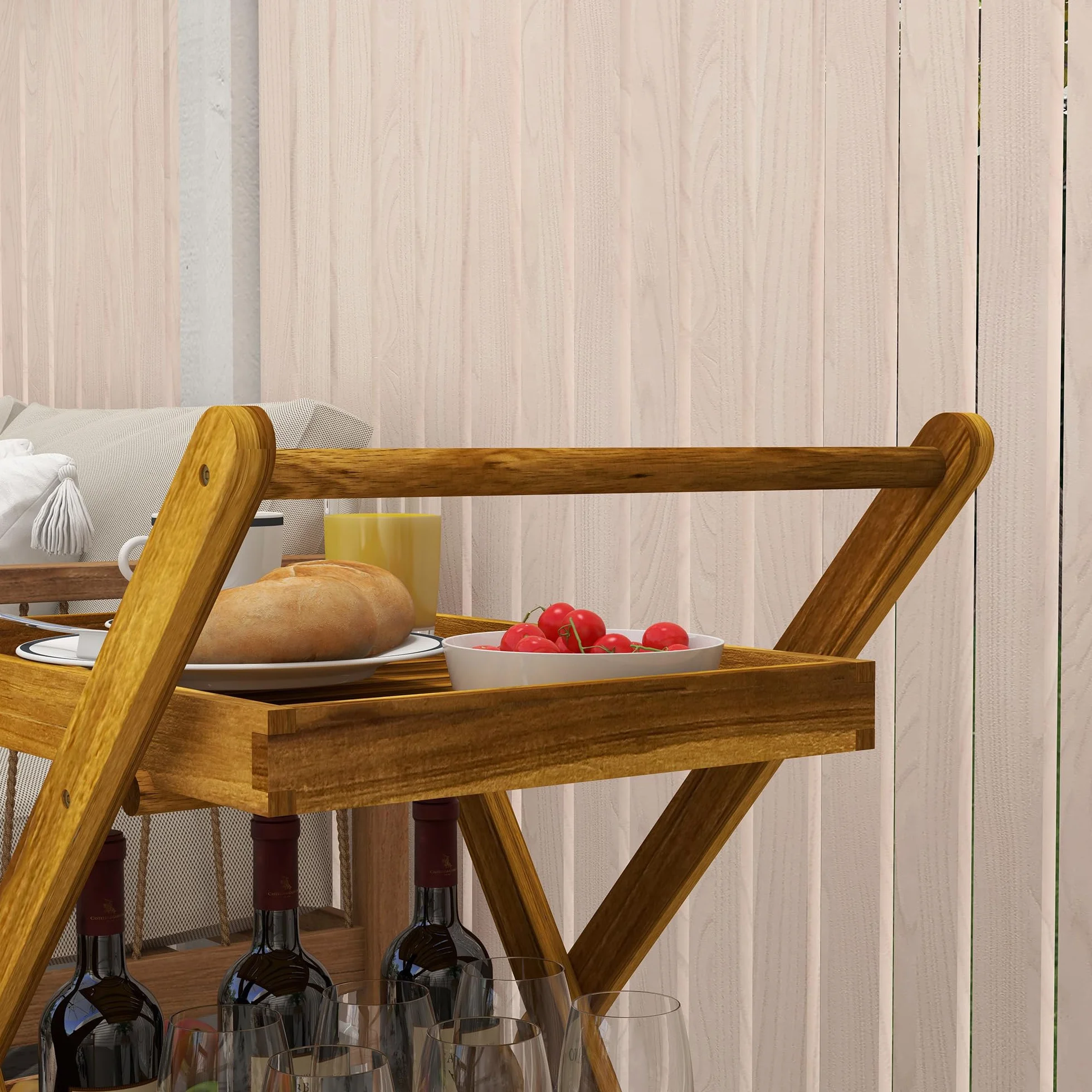 Outsunny Carrello da giardino barbecue legno 2 vassoi 52x71x74 cm