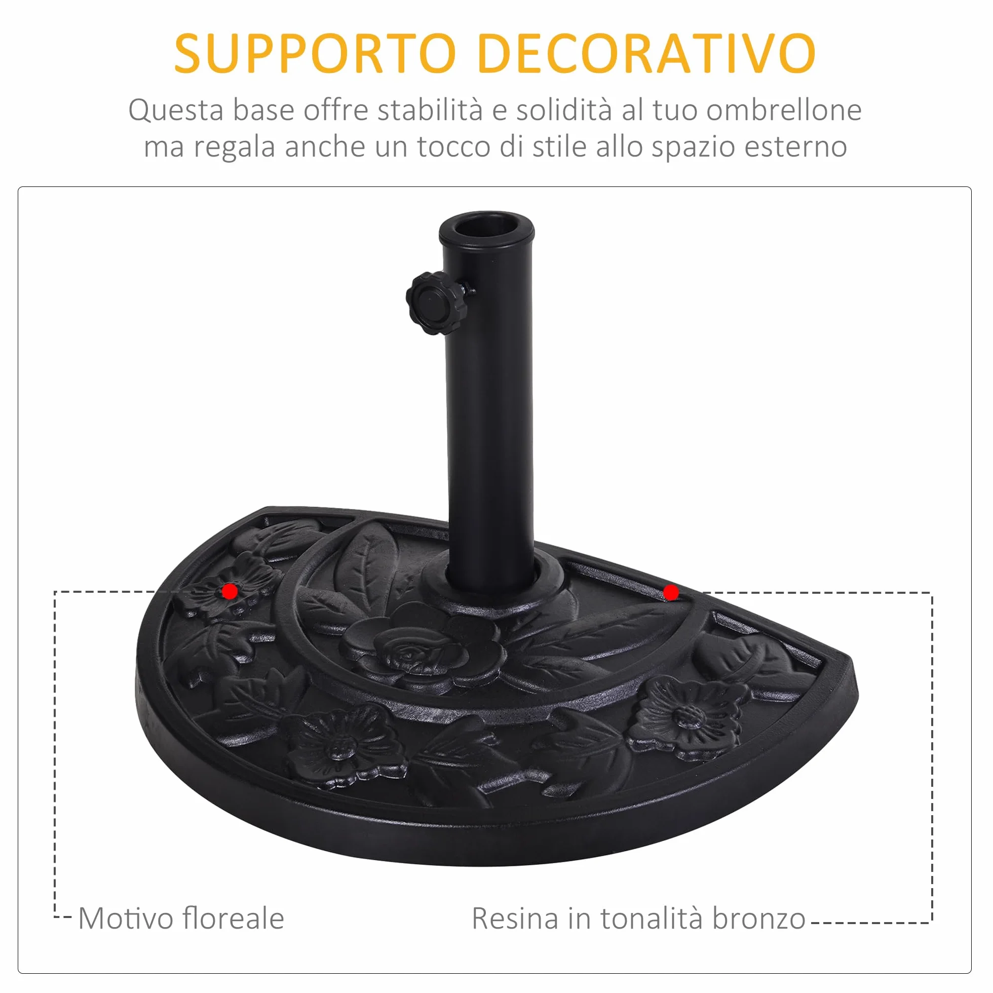 Outsunny Base per Ombrellone a Mezzaluna da Ø38 mm e Ø48 mm con Manovella, Basamento per Ombrellone in Resina, Base Ombrellone a Parete 50x31x32 cm, Nero