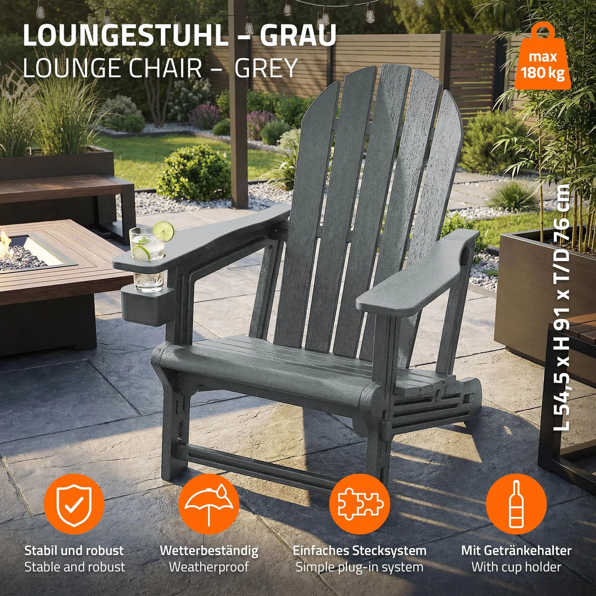 ML-Design Sedia Adirondack da Giardino con Portabicchieri, Grigia, Poltrona da Esterno in Plastica Effetto Legno, Sedia Lounge con Sistema a Incastro, Resistente alle Intemperie, per Patio e Giardino
