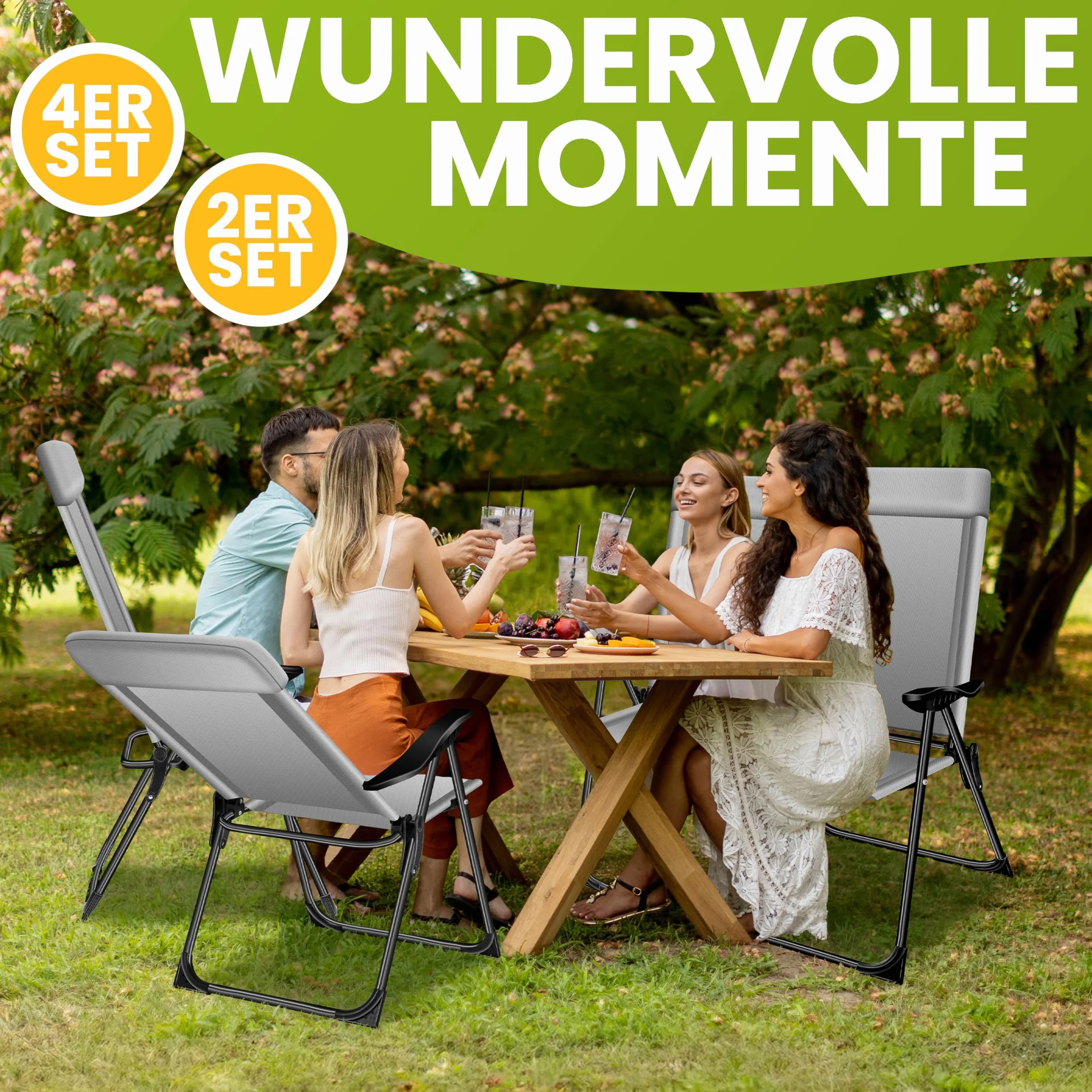 KESSER® Set di 2 sedie da Giardino, Sedia Pieghevole in Alluminio con Schienale Alto Regolabile in 7 direzioni con braccioli, Sedia da Balcone, Sedia da Campeggio Pieghevole Traspirante