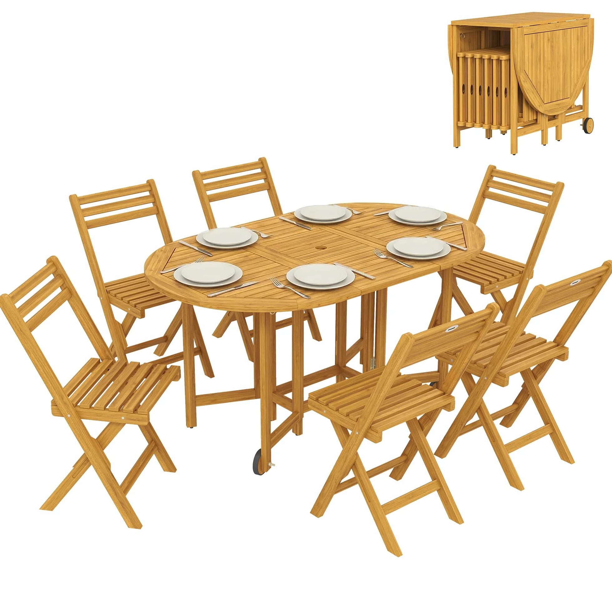 Outsunny Set Tavolo e Sedie da Giardino 7 Pezzi in Legno Acacia Pieghevole con Foro Ombrellone Ruote