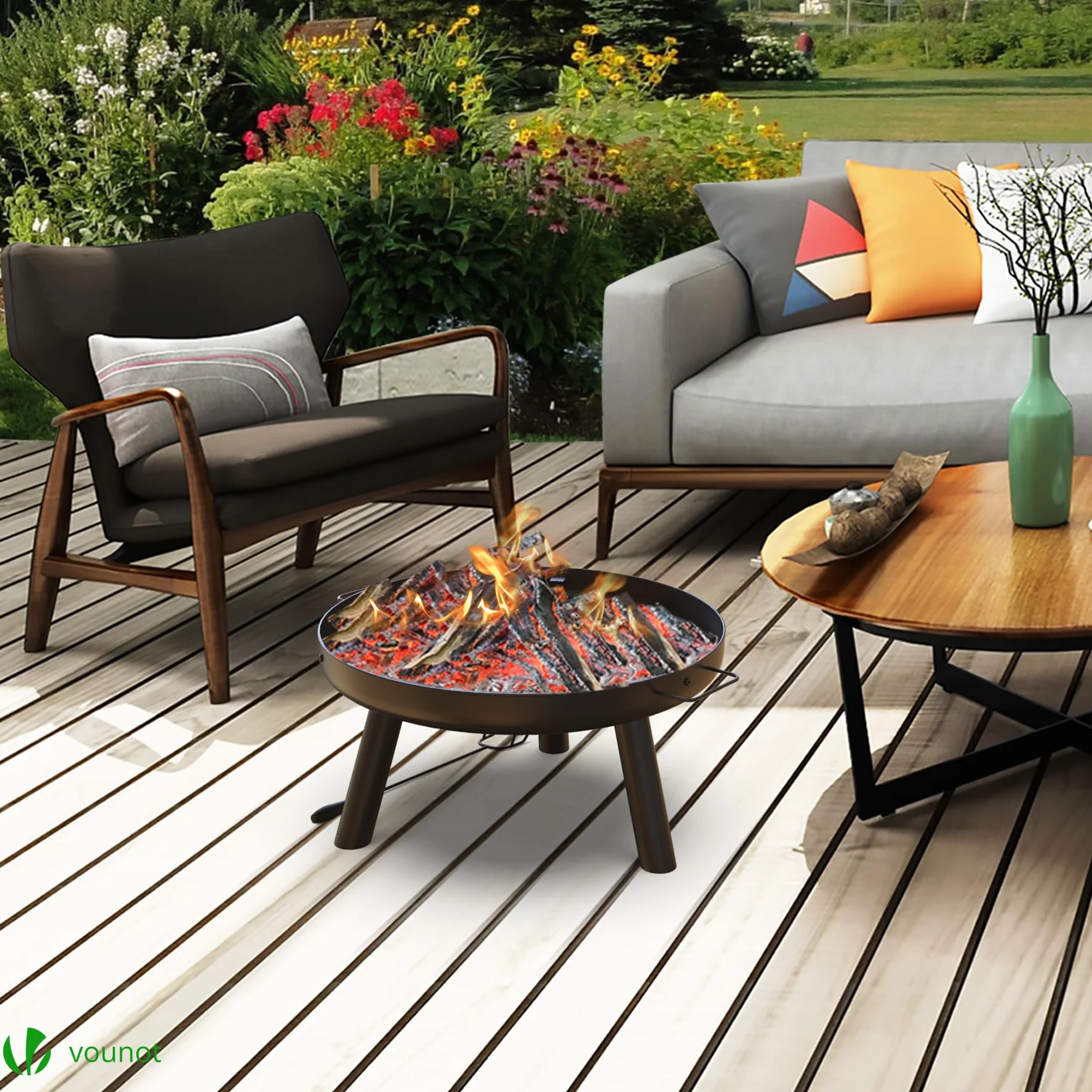 VOUNOT Braciere da Giardino Ø60 cm Metallo con Griglia e Attizzatoio, Rotondo a Legna, Nero