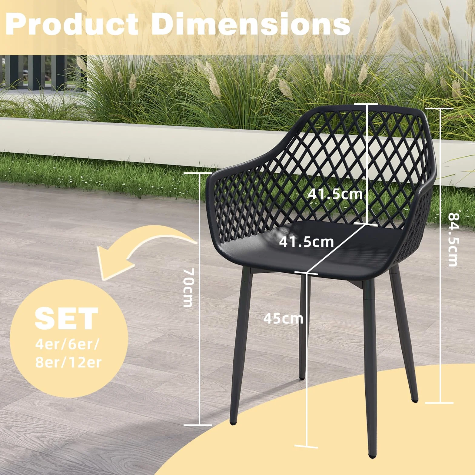 Set 6 Sedia Giardino Esterno PP Metallo Braccioli 120 kg Nero