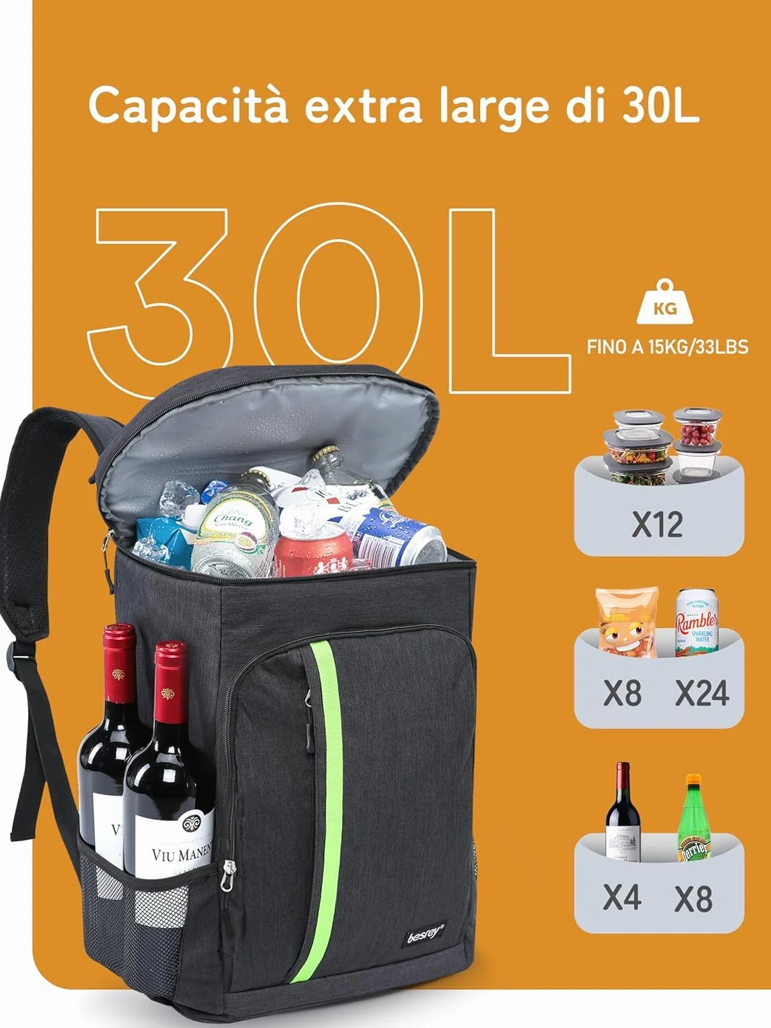 Besrey Zaino Termico 30 Litri Borsa Termica Mantiene Cibi Caldi o Freddi Nero