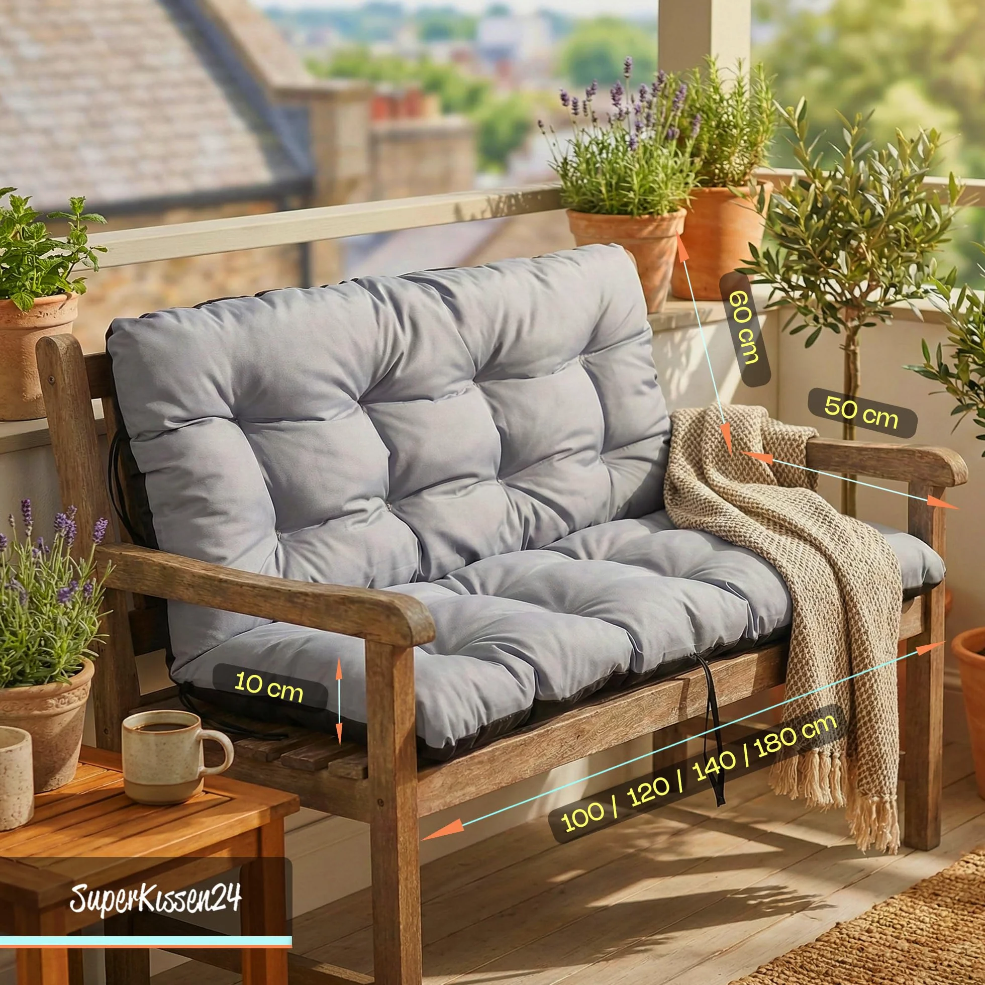 SuperKissen24. Cuscino Lungo per Panchina da Giardino 100x50 cm con Schienale 100x60 cm per Panca da Esterno ed Interno e Due Cuscini per Sdraio 48x96 cm - Grigio