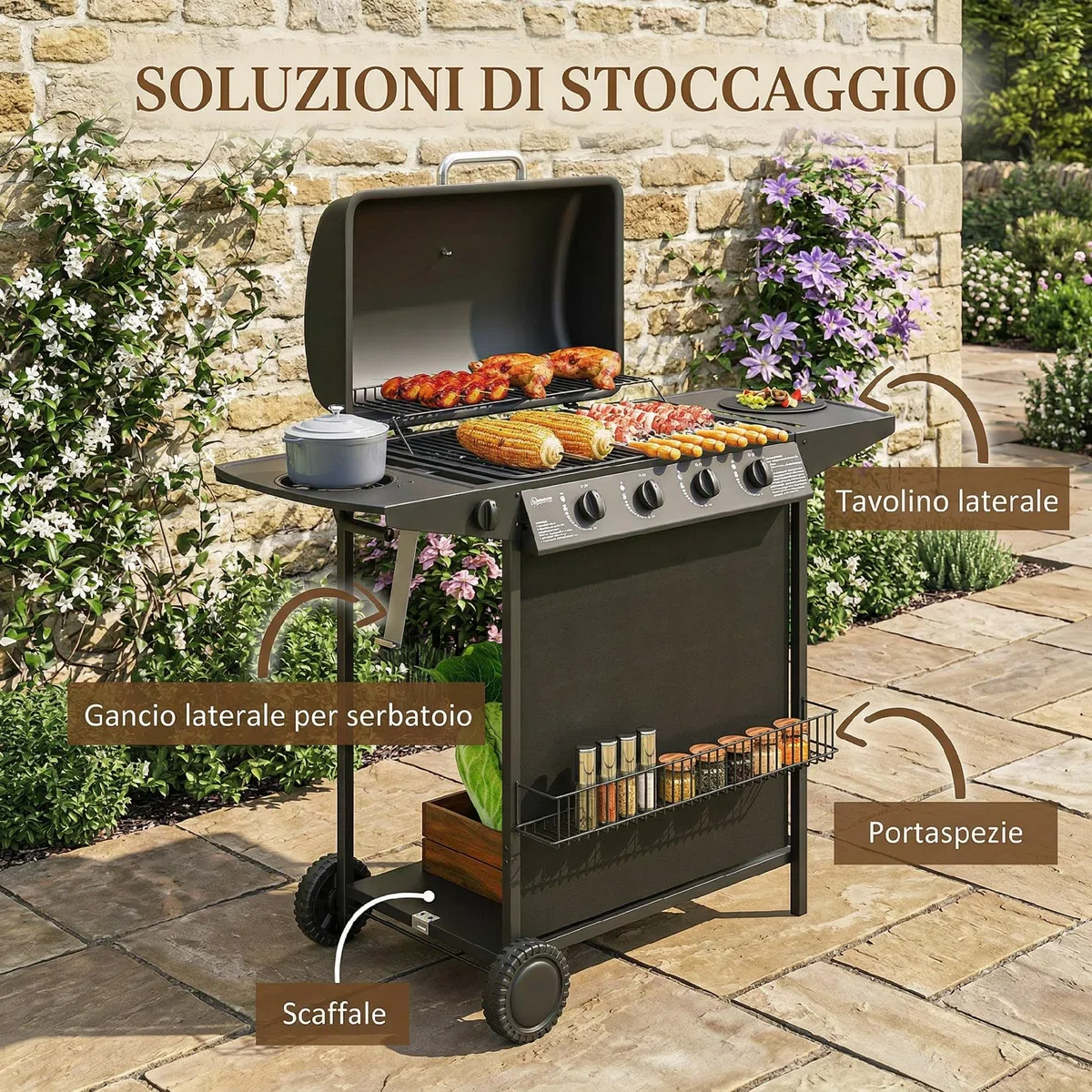 Outsunny Barbecue a Gas 4+1 Bruciatori con Coperchio e Termometro, Griglie, Tavolino Laterale, Nero