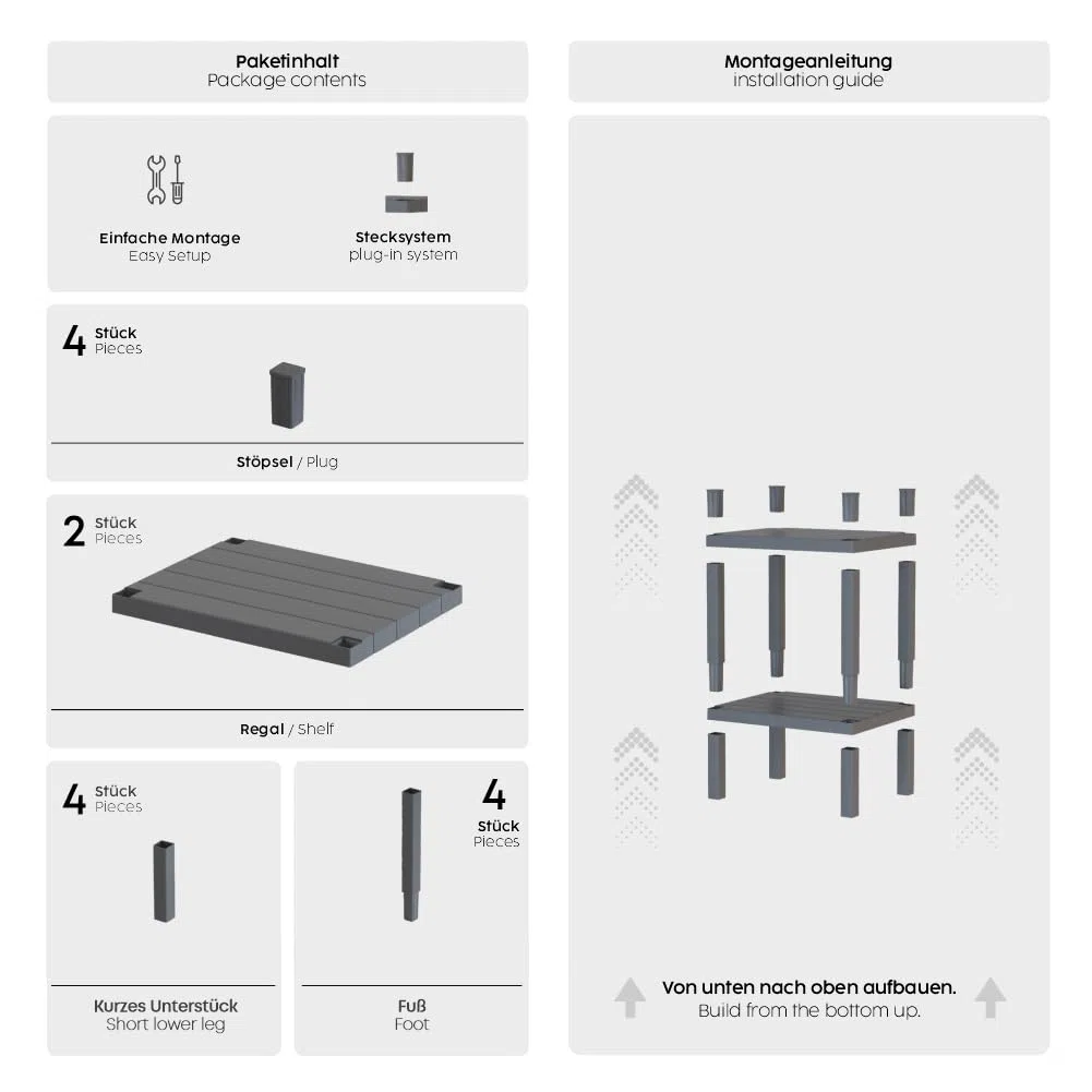 sugodesign OMBEG Tavolino multiuso a 2 ripiani, comodino, rettangolare, in plastica impermeabile, portata 10 kg per ripiano, per bagno, cucina, balcone, camera da letto (bianco)