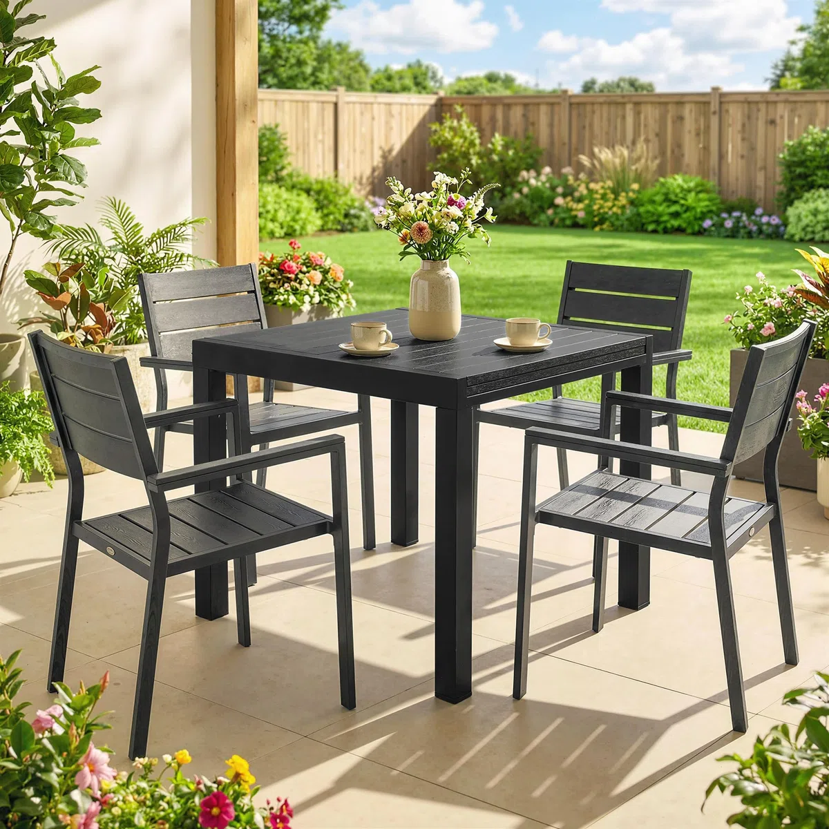 Outsunny Tavolo da Giardino Allungabile per 4-6 Persone 80/160x80 cm, Tavolo da Pranzo Esterno Estensibile Rettangolare in Alluminio con Piano Effetto Legno a Doghe, per Patio Terrazzo Balcone, Nero