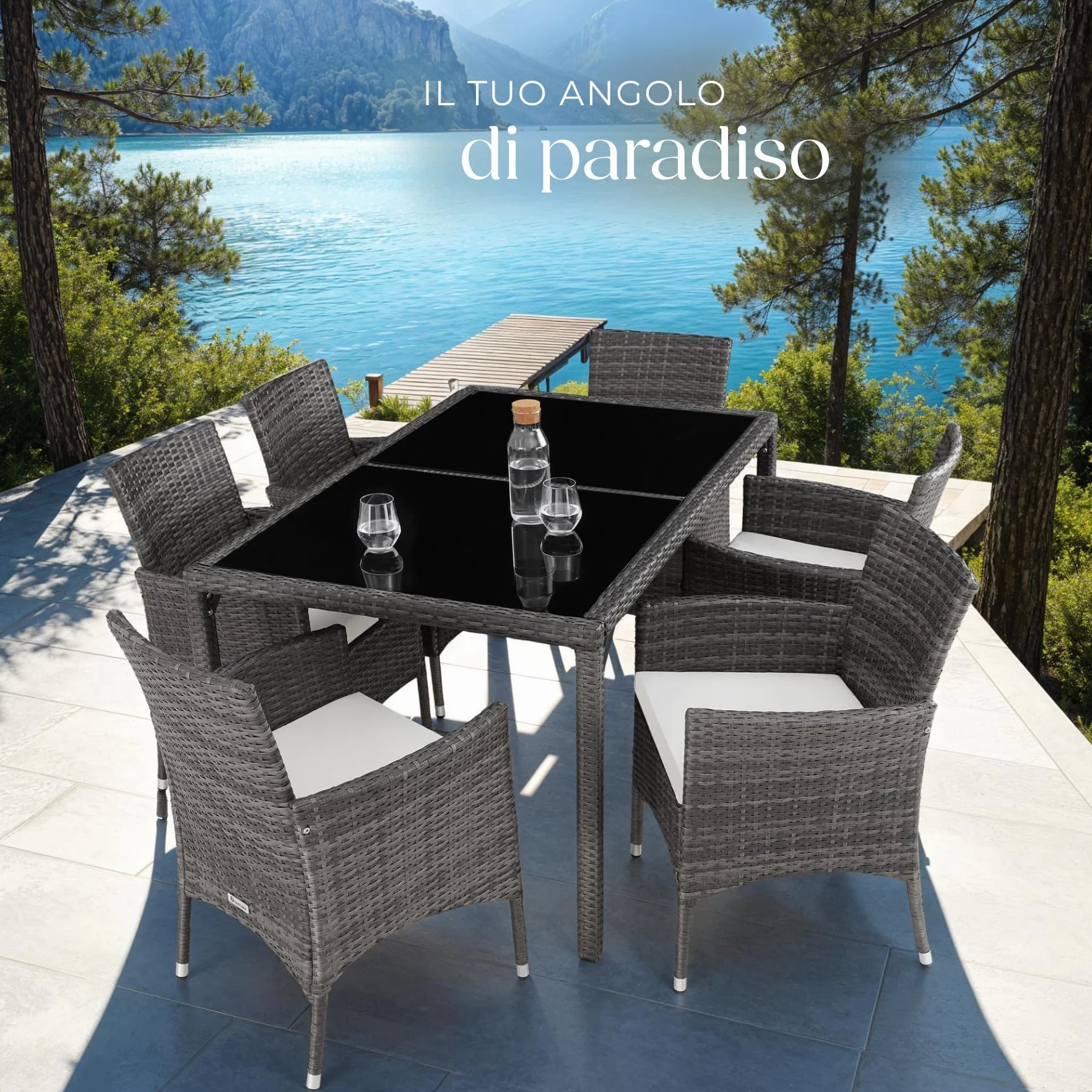 Tectake Set da Giardino Polyrattan 6 Sedie 1 Tavolo Grigio Bianco