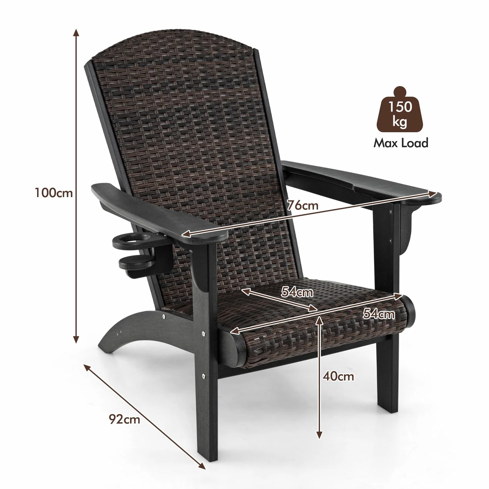 LIFEZEAL Sedia Adirondack da Esterno, in Plastica, Rattan PE, Imbottito da Spugna, con Braccioli, Portabicchiere, Resistente alle Intemperie, per Giardino, Terrazza, Patio, Aperto, Max 150kg (nero)