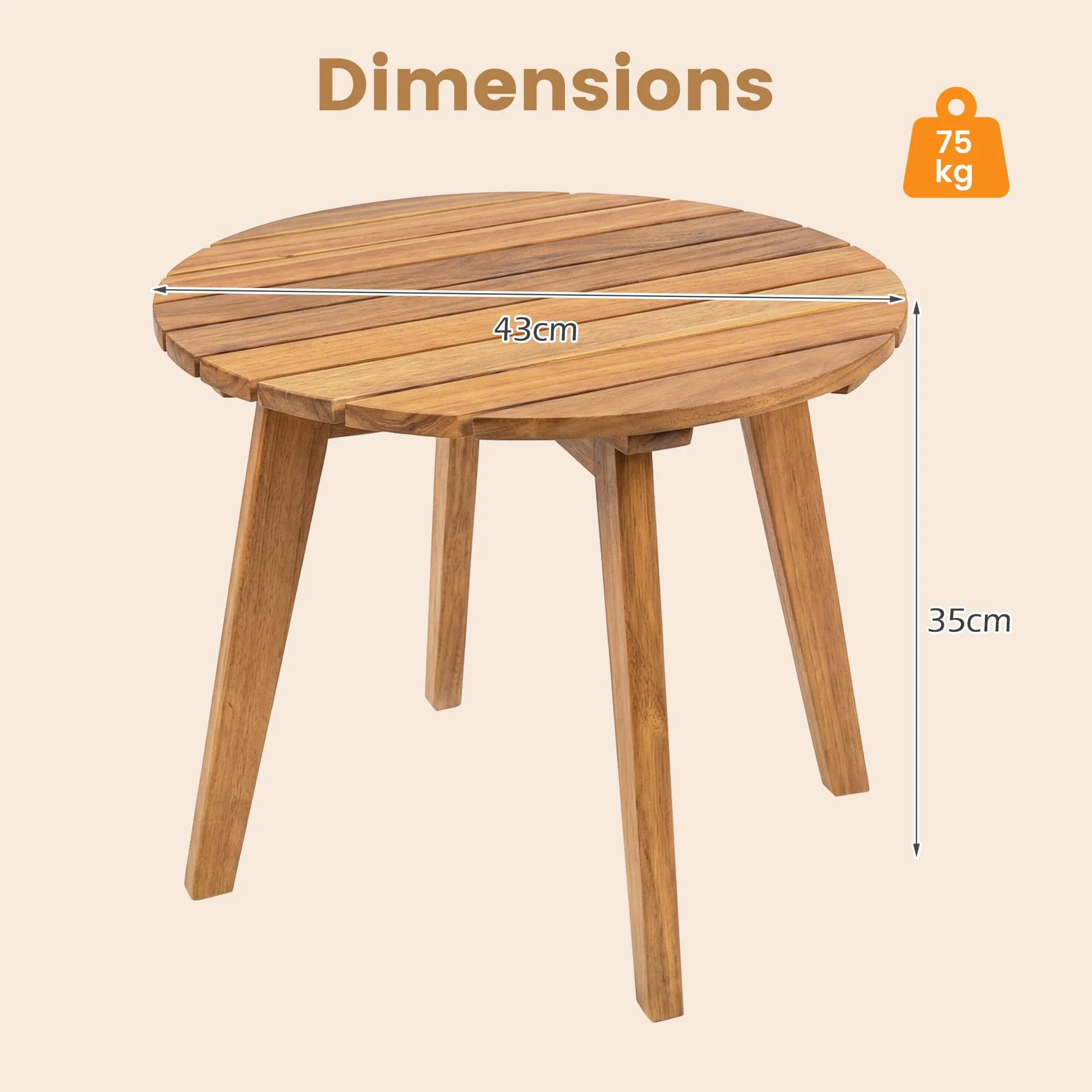 GIANTEX Tavolino da Esterno Rotondo in Legno Massello Ø43 x 35 cm Piccolo Tavolo Laterale Naturale