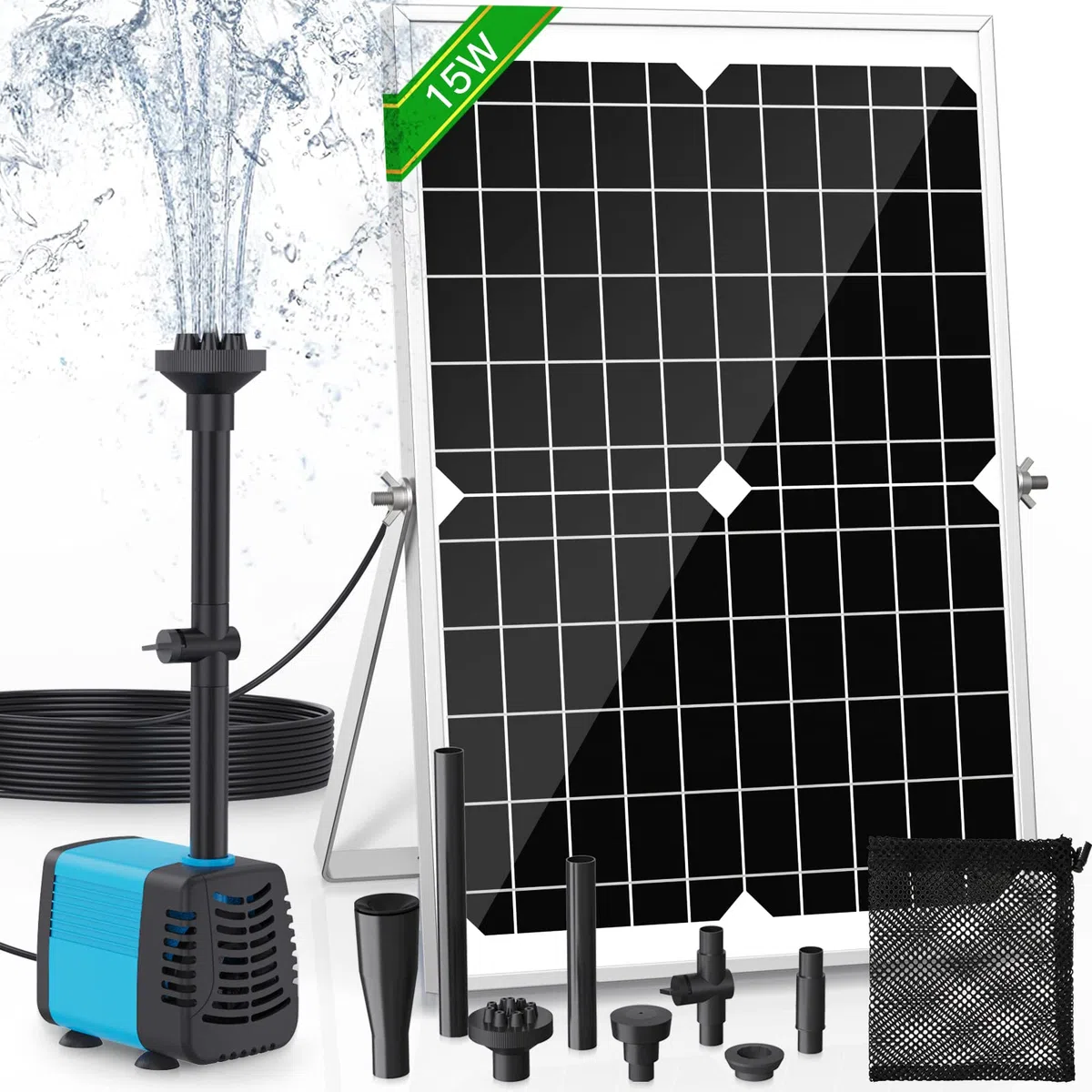 Pompa solare per laghetto e fontana da 15 W, portata 720 l/h, cavo estensibile da 5 m, 4 modelli di spruzzatura e sacchetto di filtrazione, ideale per stagni e impianti idrici