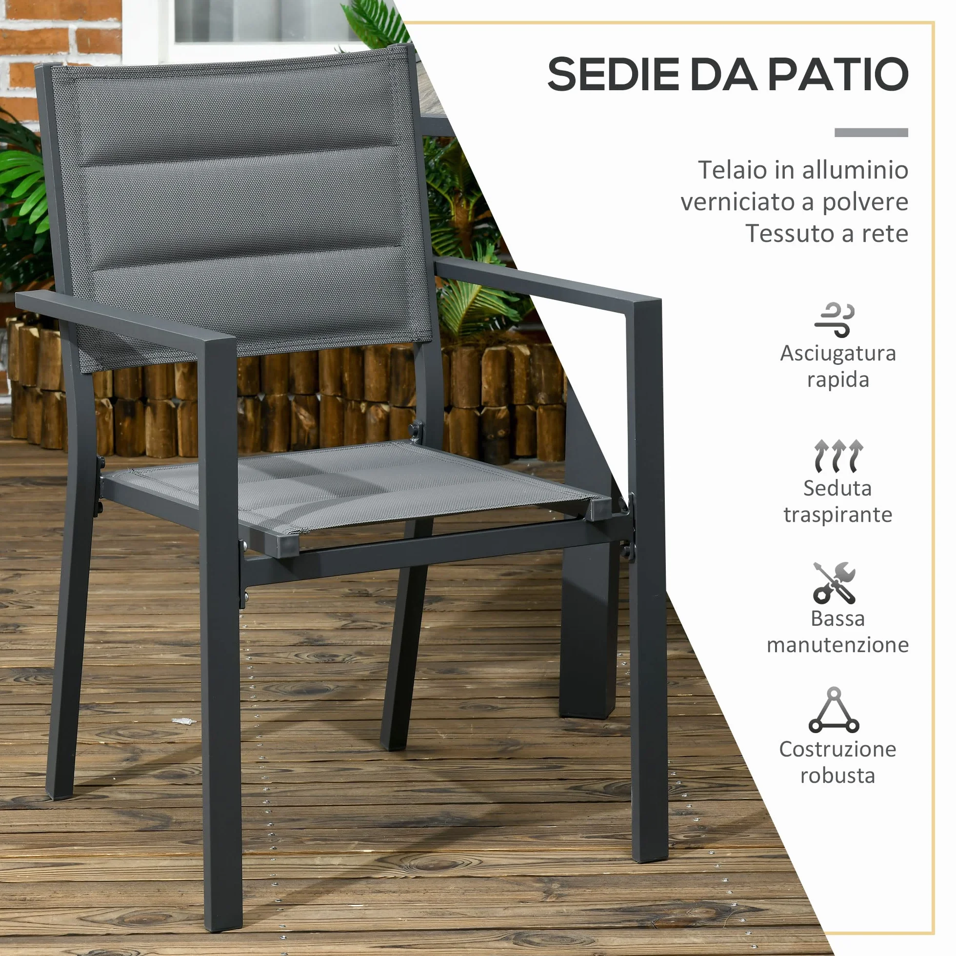 Outsunny Set Tavolo e Sedie da Giardino 7 Pezzi, Alluminio, Tavolo Rettangolare Allungabile, 6 Sedie Impilabili Texteline, Grigio Scuro