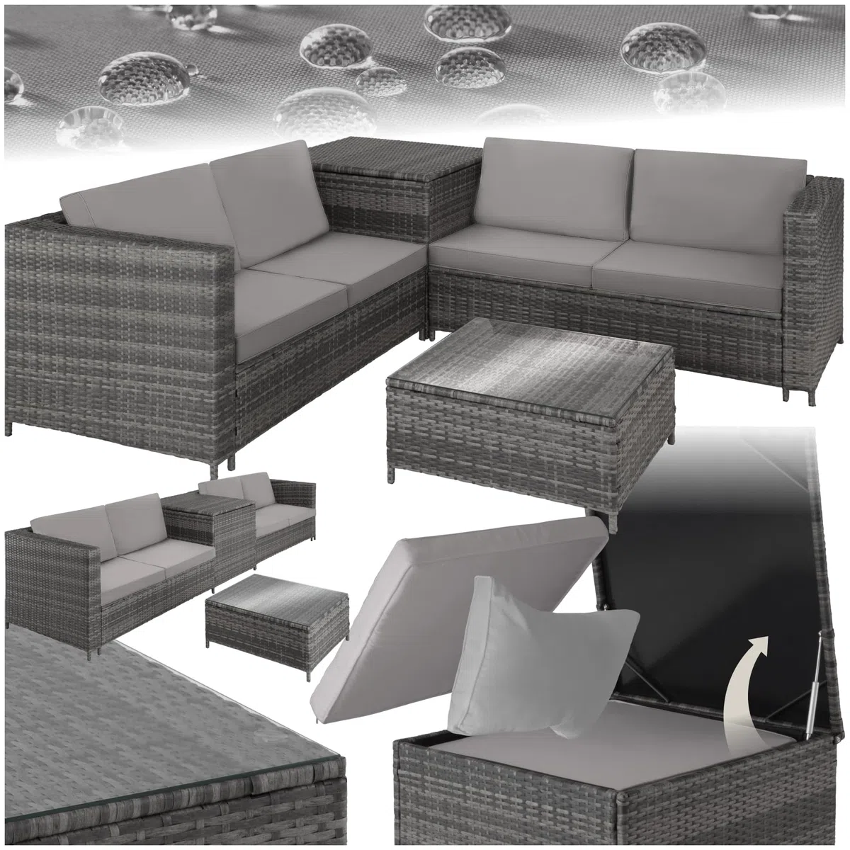 tectake® Salottino in Rattan, 2 Divani per Esterno con Cuscini, 1 Tavolo con Piano in Vetro, 1 Contenitore di Custodia, Salotto da Giardino Esterno, Salottino da Esterno - Grigio/Grigio Chiaro