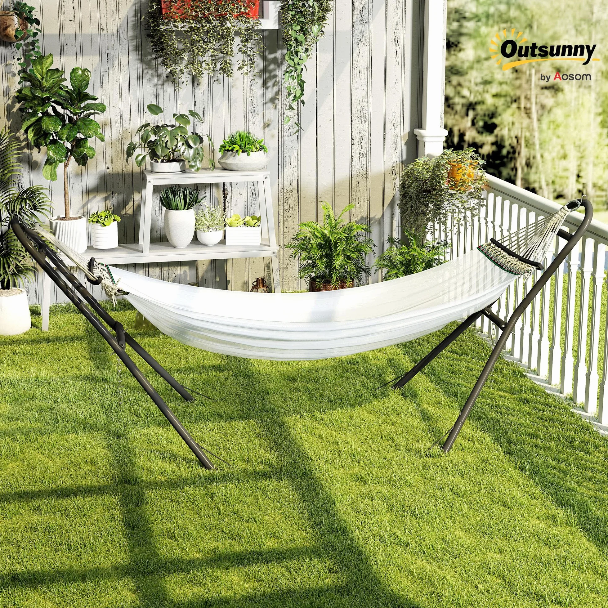Outsunny Supporto per Amaca per 2-3 Persone, Regolabile con Piedini Antiscivolo, Sostegno per Amaca in Acciaio con Catene e Ganci a S, per Amache da 2.75-4 m, 278 cm, capacità 150 kg, Nero
