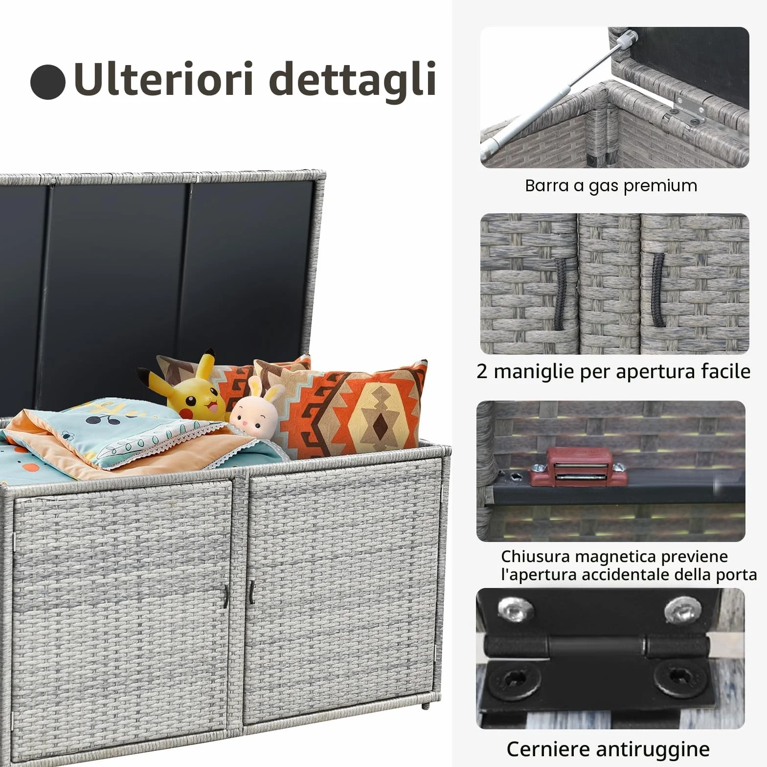 KOMFOTTEU Cassapanca Contenitore da Esterno 330L Rattan Telaio Acciaio Baule Giardino Resistente UV Impermeabile 115x60x65 cm Grigio