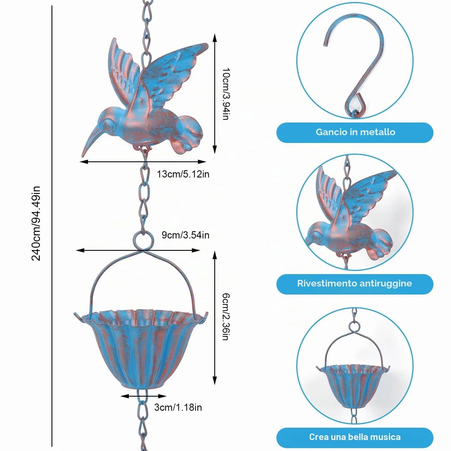 BigKing Catena per Acqua Piovana Colibrì per Grondaie, 2.4m Catena Antipioggia Sospesa per Il Drenaggio dell'Acqua, Catena per Grondaia, Deviatore per Acqua Piovana Esterna, Eaves Drainage