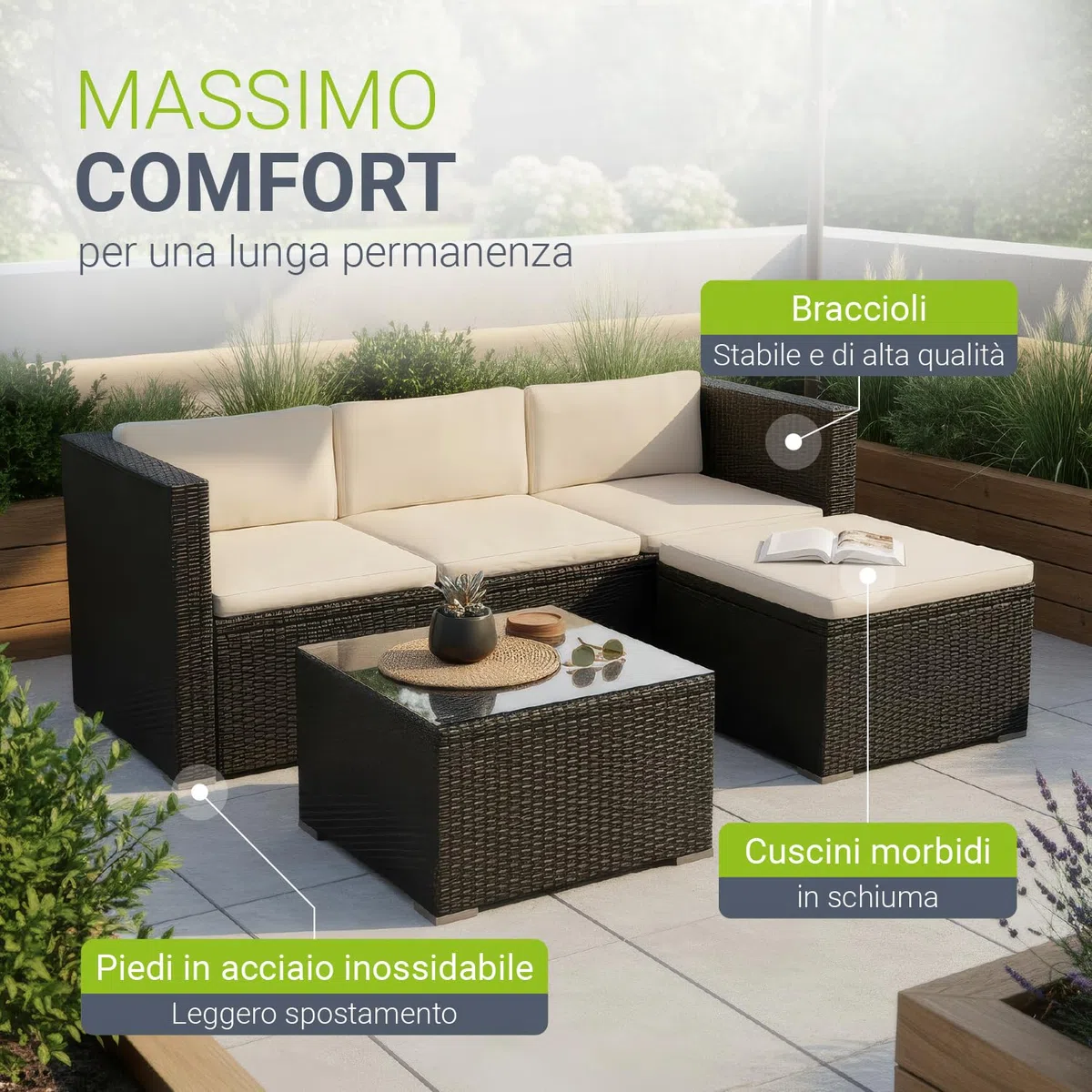 Juskys Lounge in polyrattan Punta Cana M resistente alle intemperie con divano 3 posti, sgabello, tavolo e cuscini per 3-4 persone - lounge da giardino Set di mobili da giardino nero/crema