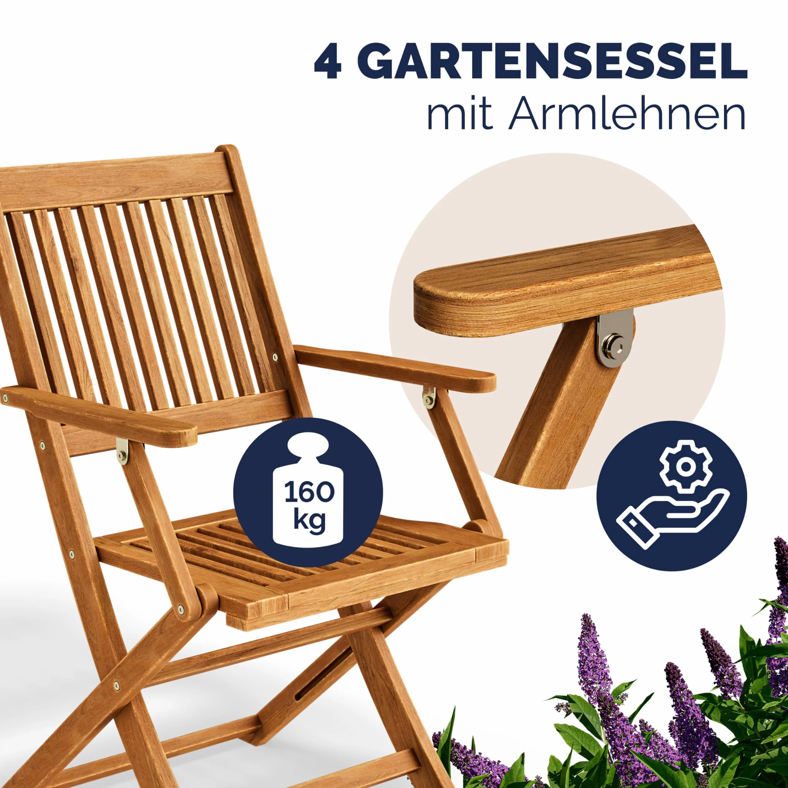 Casaria Tavolo e 4 Sedie con Braccioli da Giardino in Legno di Acacia FSC® Modello 2026 Pieghevole 5 Pezzi Set Mobili Esterno