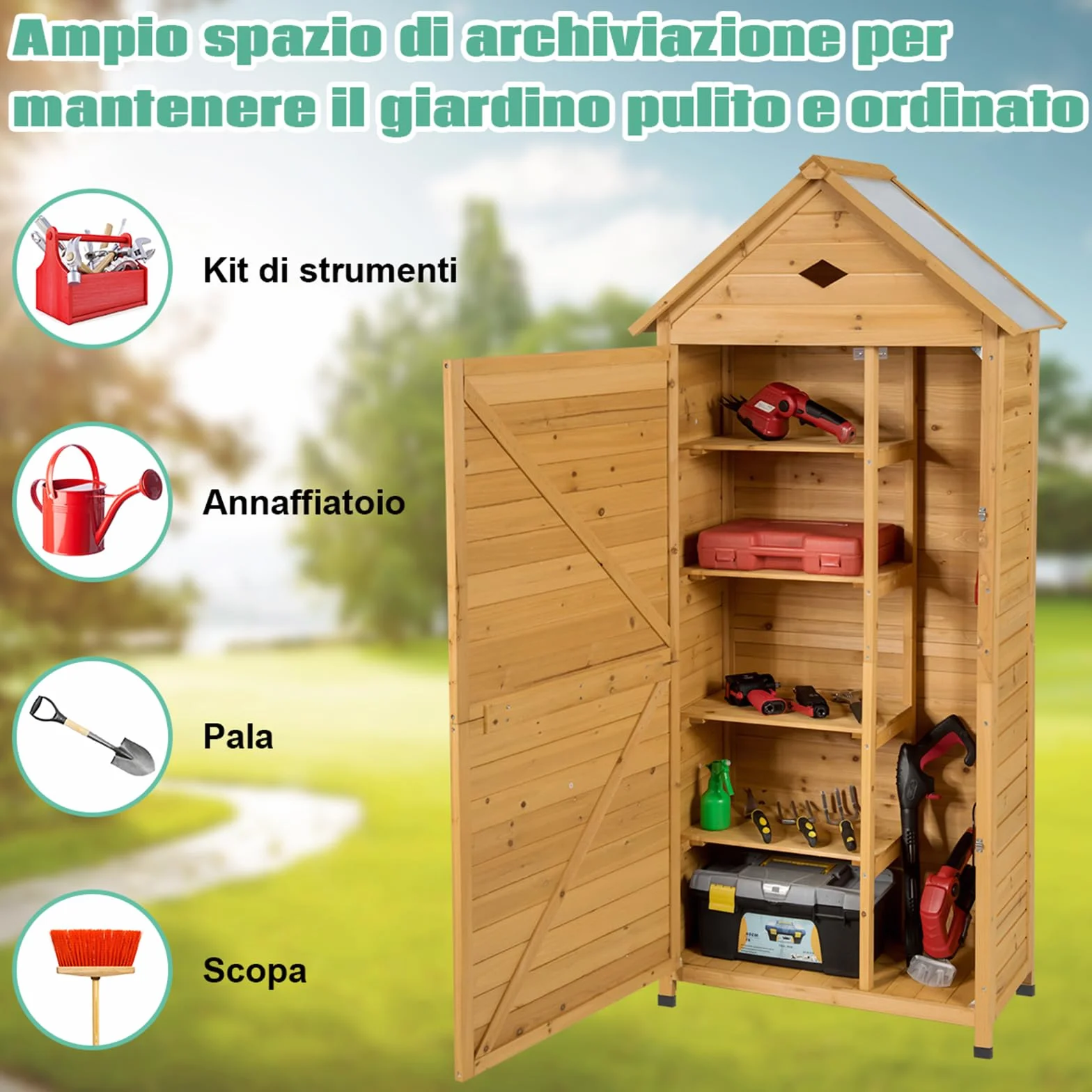 COSTWAY Armadio da Esterno, Casetta da Giardino in Legno con Tetto Galvanizzato Impermeabile, Mensole e Chiusura a Chiave, Ripostiglio da Balcone, Cortile e Giardino (80 x 45 x 177 cm)