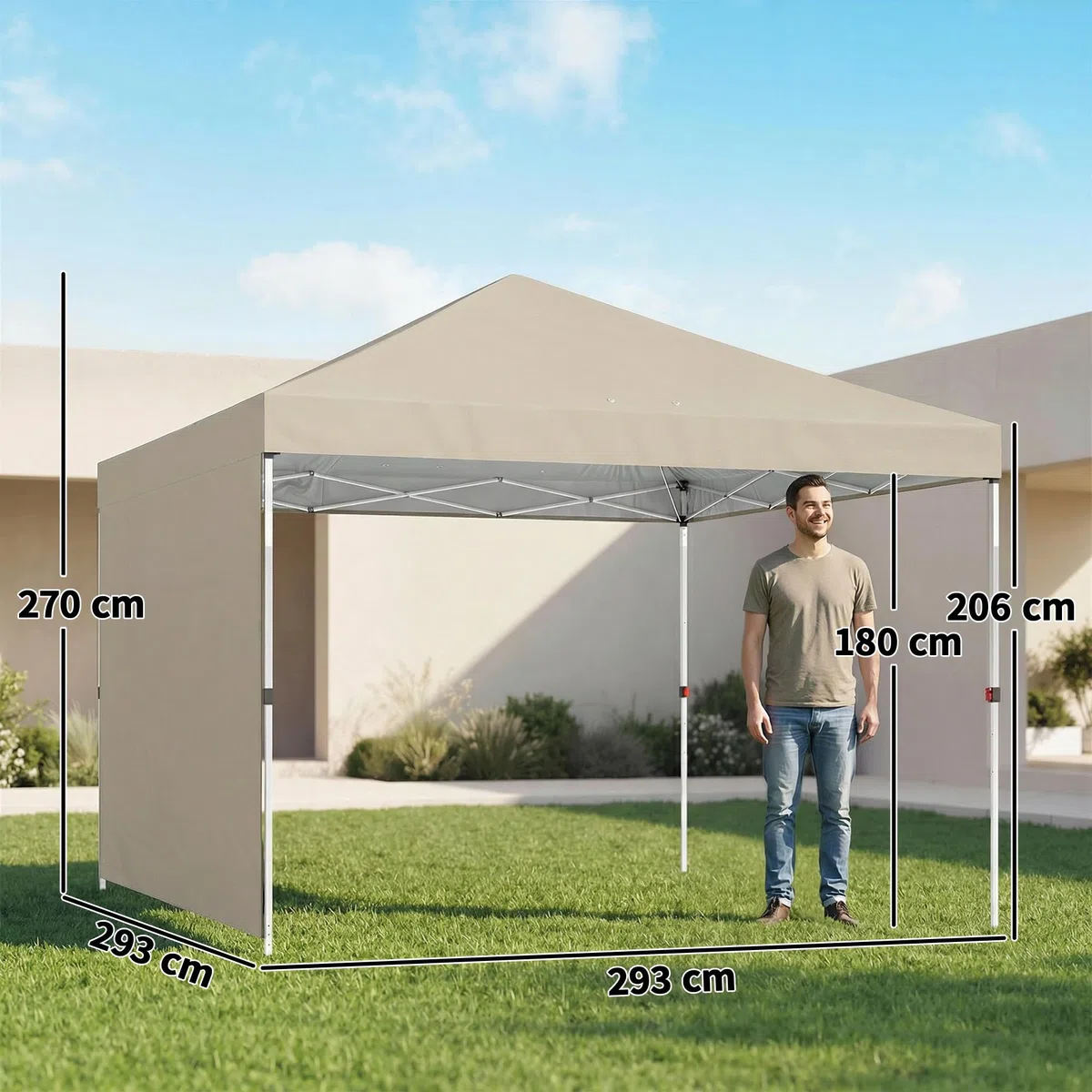 Outsunny Gazebo Pieghevole 3x3m Pop Up con Parete Laterale, Altezza Regolabile, UV50+, Beige
