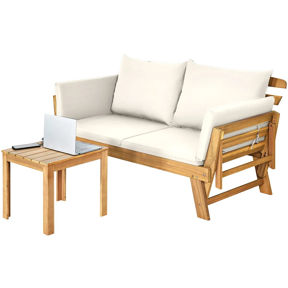 KOMFOTTEU Divano Esterno Giardino 2 Posti, 2 in 1 con Cuscino Morbido, Divanetto da Esterno in Legno di Acacia con Braccioli Regolabili, Sdraio per Terrazza e Cortile, 198/157 x 75 x 75 cm (Bianco)