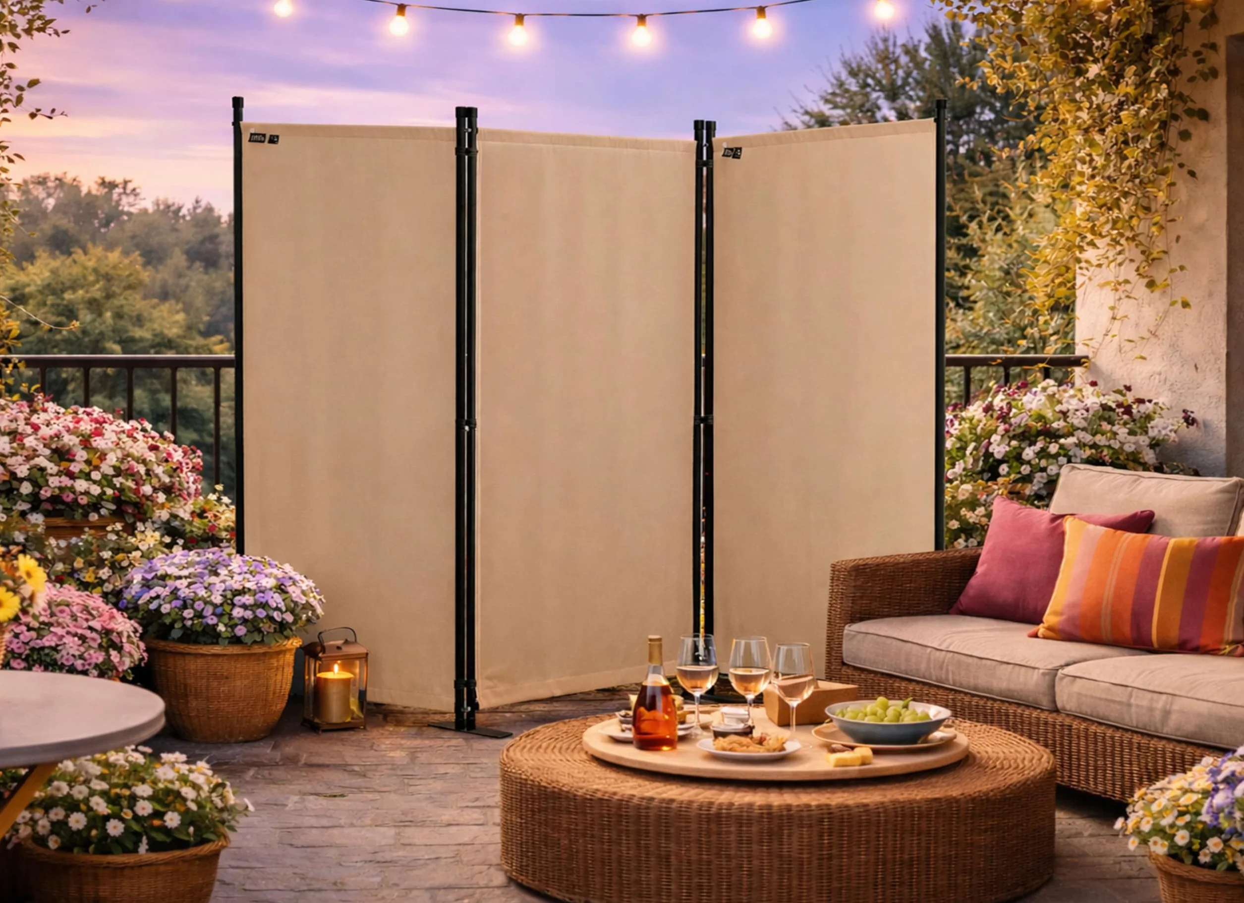 QUICK STAR Paravento da Giardino 170 x 165 cm 3 Parti Pieghevole Divisorio in Tessuto Beige