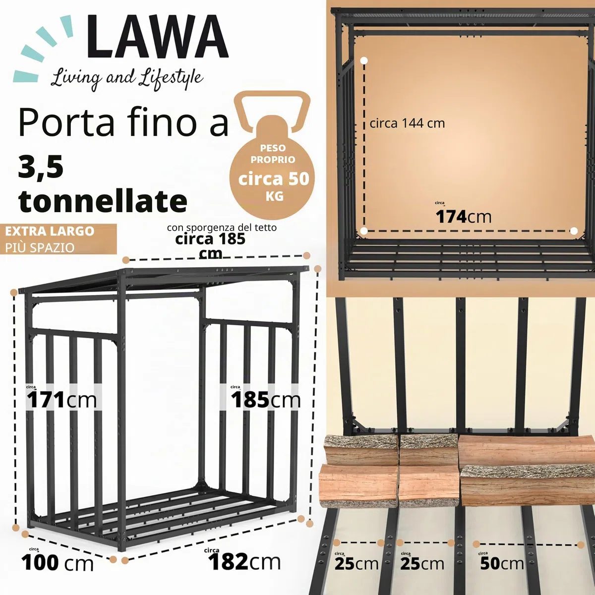 LAWA portalegna da esterno metallo zincato 185x105x185 cm 4x4cm portata 3,5t con tetto rastrelliera per legna