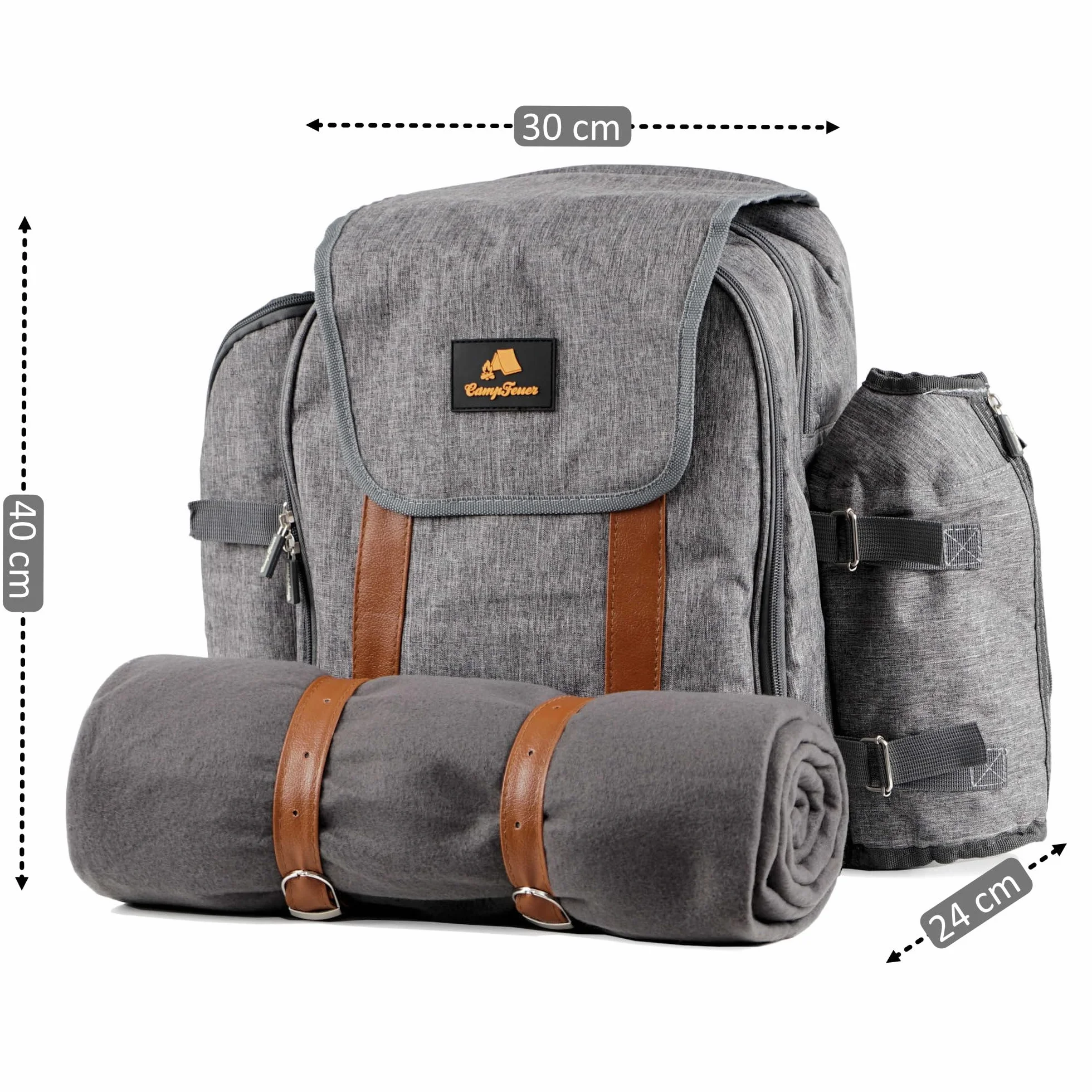 CampFeuer Zaino da Picnic per 4 persone | Set per picnic da 32 pezzi | grigio | con supporto per bottiglie, coperta da picnic, grande scomparto termico, stoviglie e posate