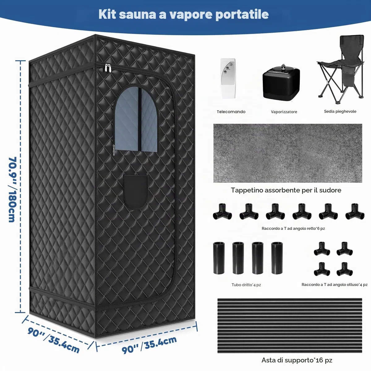 Sauna Portatile Pieghevole 1000W 90x90x180cm con Sedia Telecomando