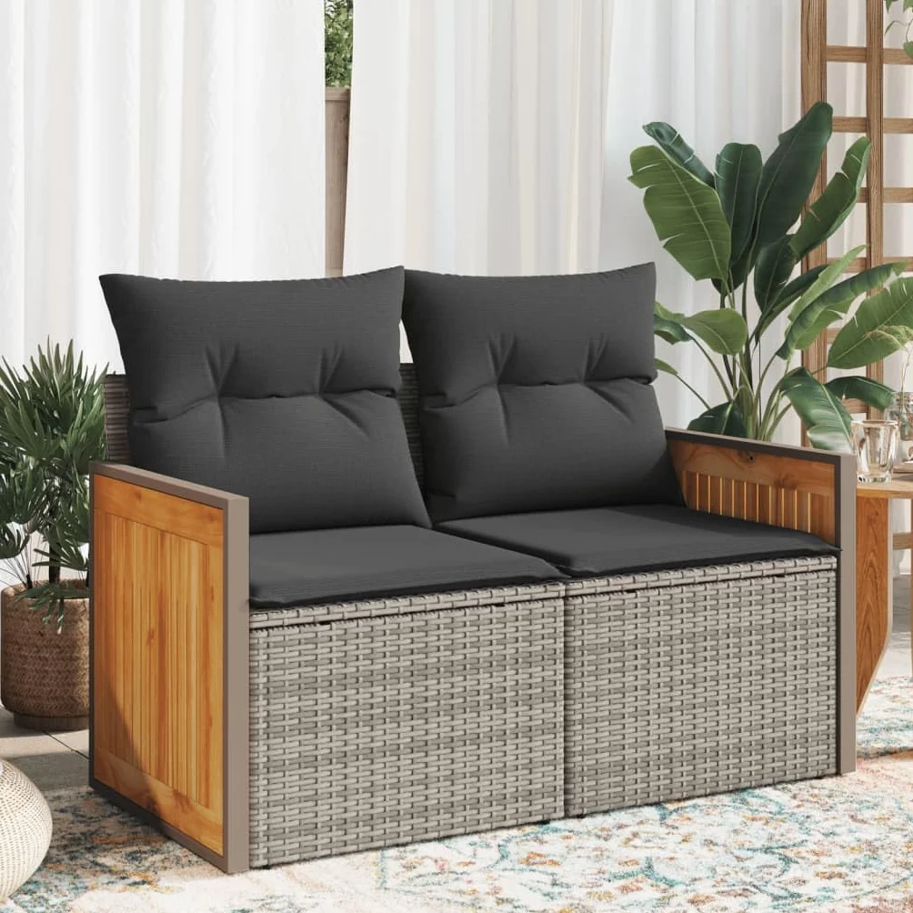 IKAYAA Divanetto da Esterno 2 Posti con Contenitore Divano da Giardino Salotto da Giardino in Polyrattan con Cuscini per Seduta e Schienale-Grigio-con Contenitore