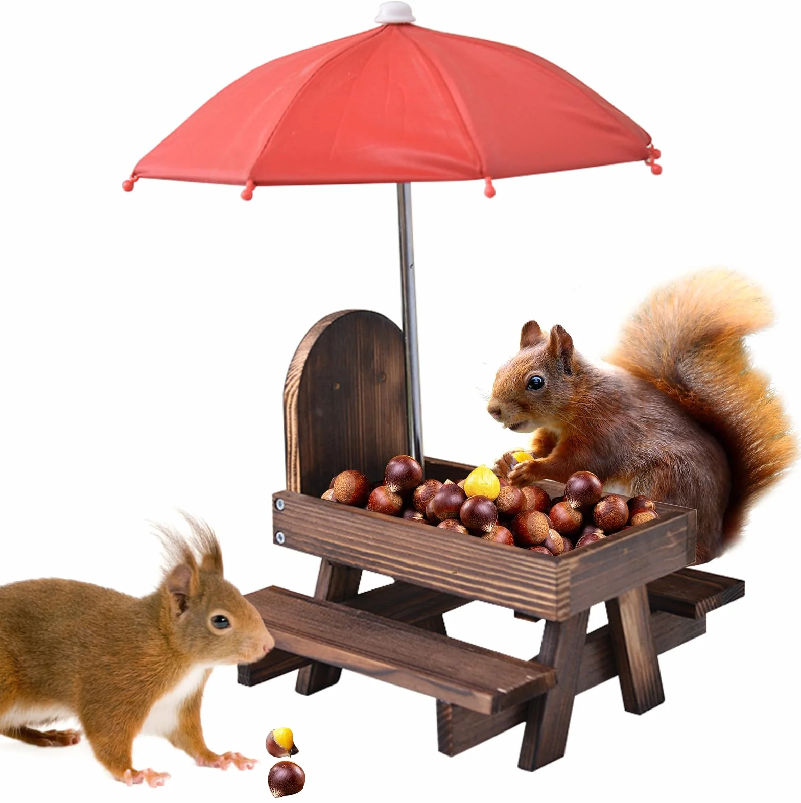 Scoiattolo casetta con ombrello: tavolo da picnic in legno con supporto per pannocchie, resistente alle intemperie, per scoiattoli Chipmunk Wildlife