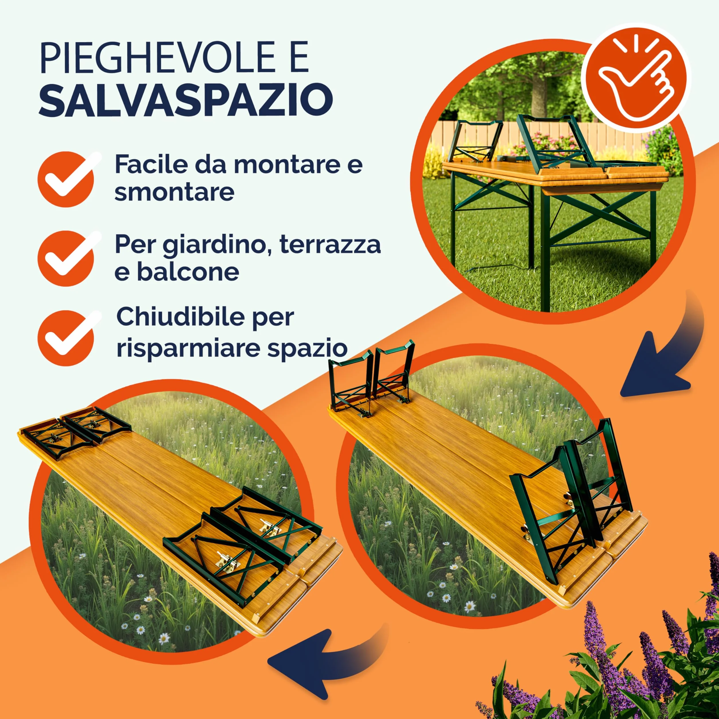 Casaria Pieghevole Set Tavolo da Birreria 170cm con Foro Ombrellone 2x Panche in Legno da Giardino