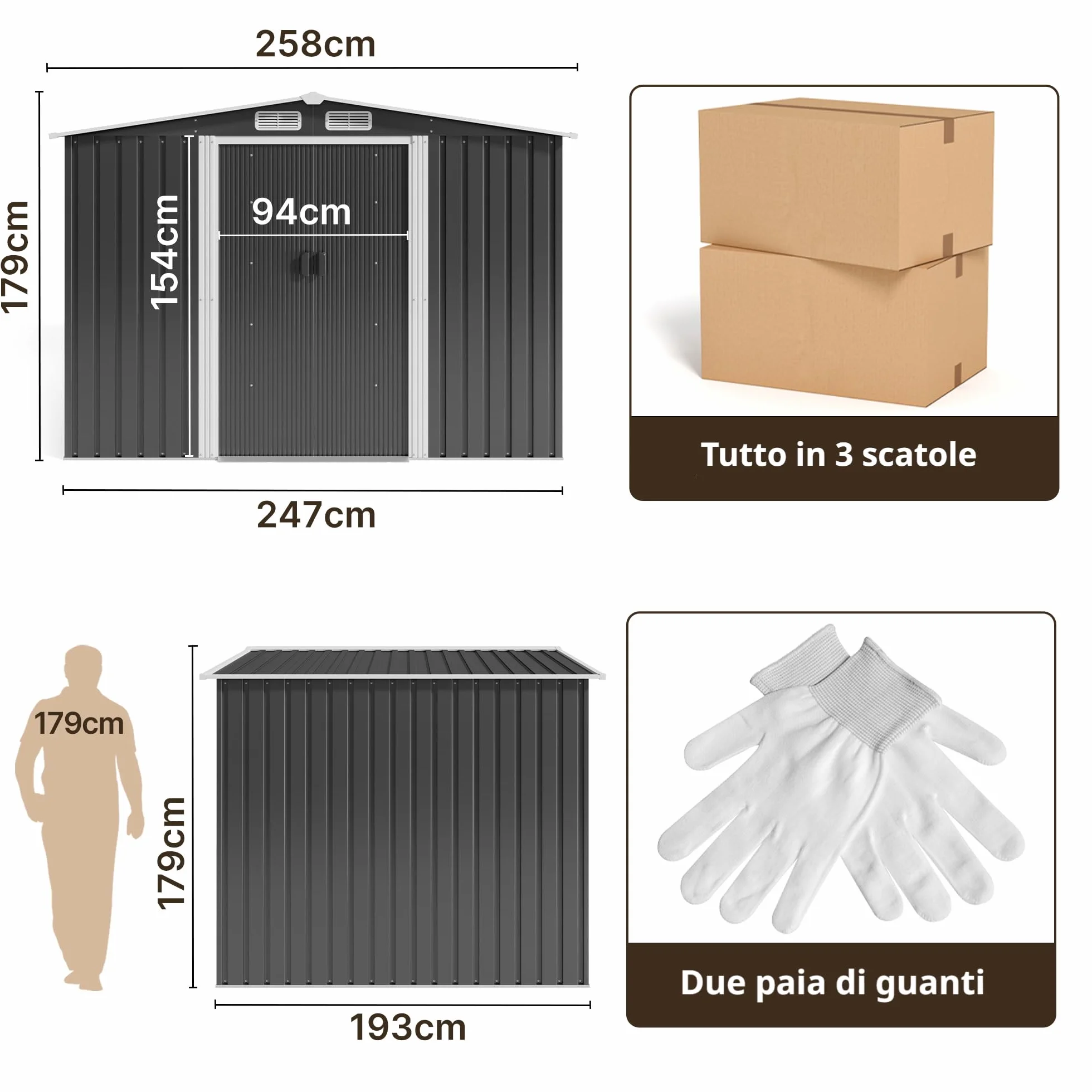 Xbro Capanno per Attrezzi in Metallo 5㎡, Casetta da Giardino da Esterno con Tetto Spiovente e Porta Scorrevole, Serratura, 247x193x179 cm