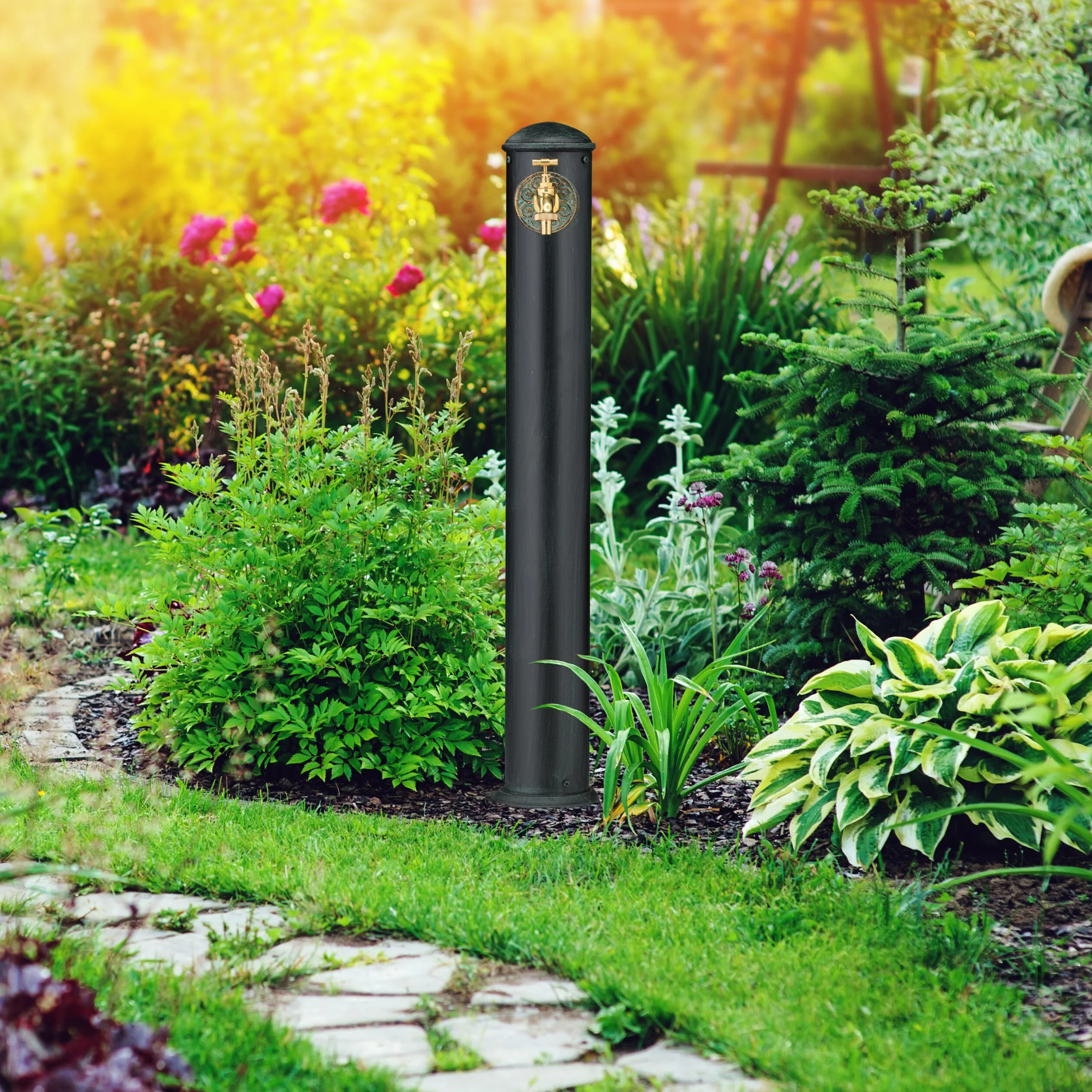 Relaxdays Fontana da Giardino in Stile Antico, Fontanella a Colonna con Rubinetto Acqua, HLP: 91x18x17,5 cm, Verde Scuro
