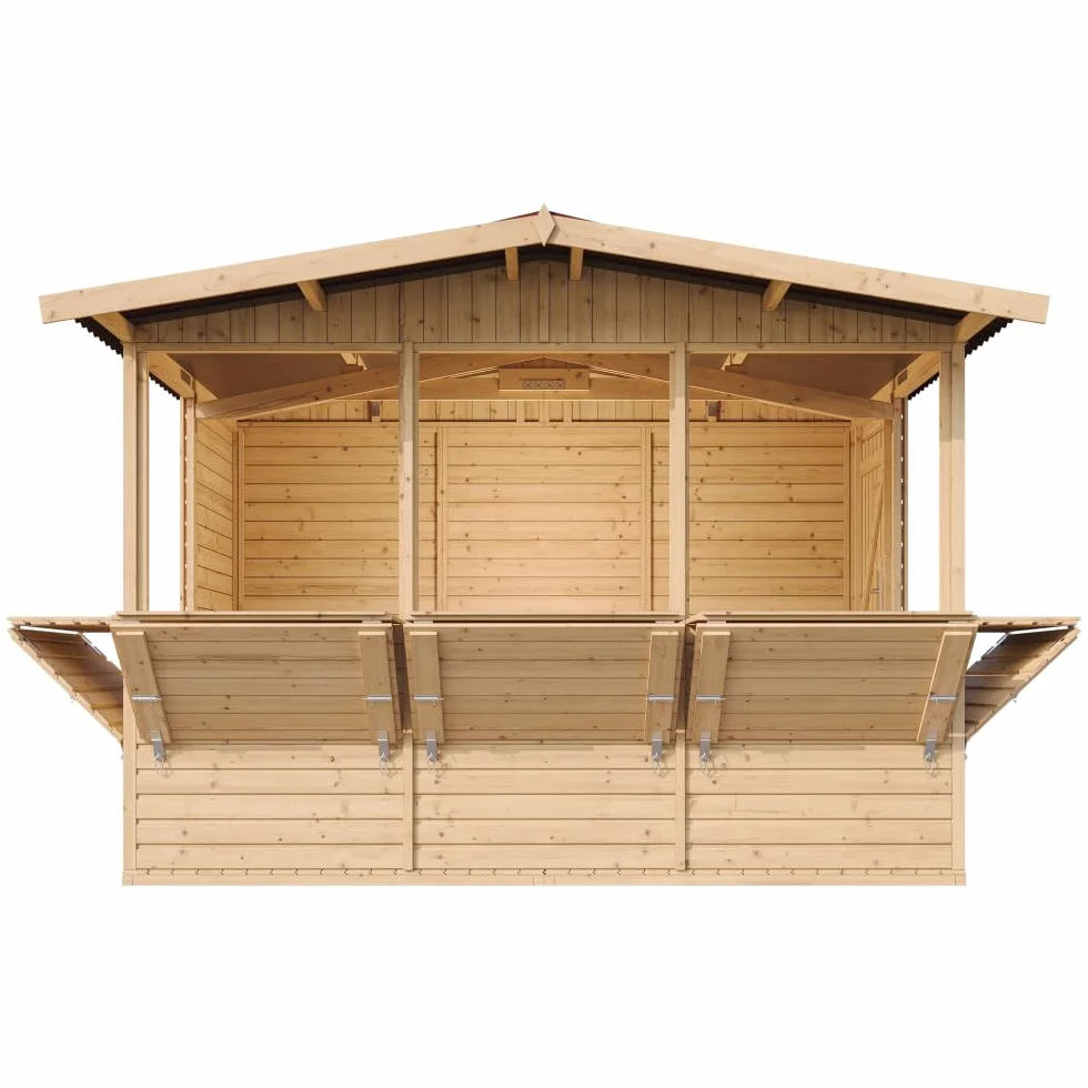 Capanno in Legno, Capanno Espositore in Legno, Chiosco da giardino per bar, CINQUE FINESTRE 336x263 cm/6 m2 Stand di vendita con bancone, Multifunzione cabina da giardino TIMBELA M150B