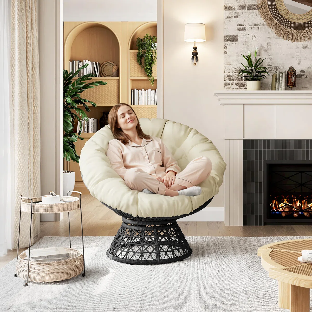 Yaheetech Poltrona da Giardino Girevole 360° Rattan Sedia Dondolo Rotonda Papasan Cuscino Diametro 120 cm Nero/Beige