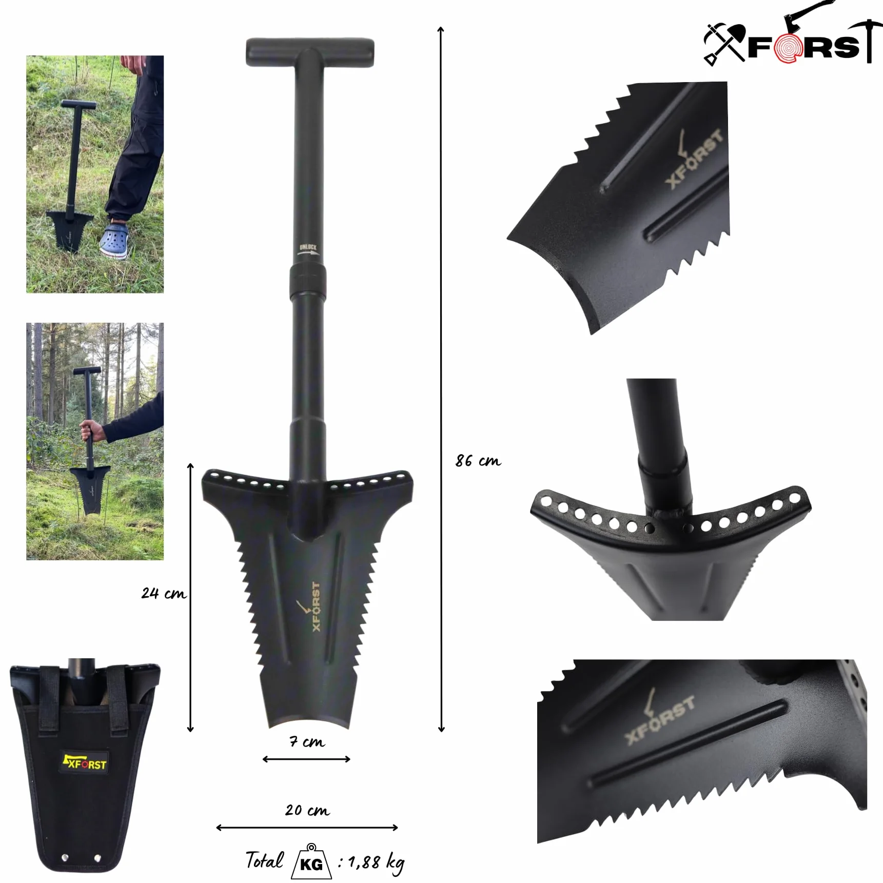 forst X-SZ2 - Pala robusta, ideale per giardinaggio e prospezione. 72 cm, 1,66 kg, lama trapezoidale affilata con denti laterali per giardinaggio, rimozione radici