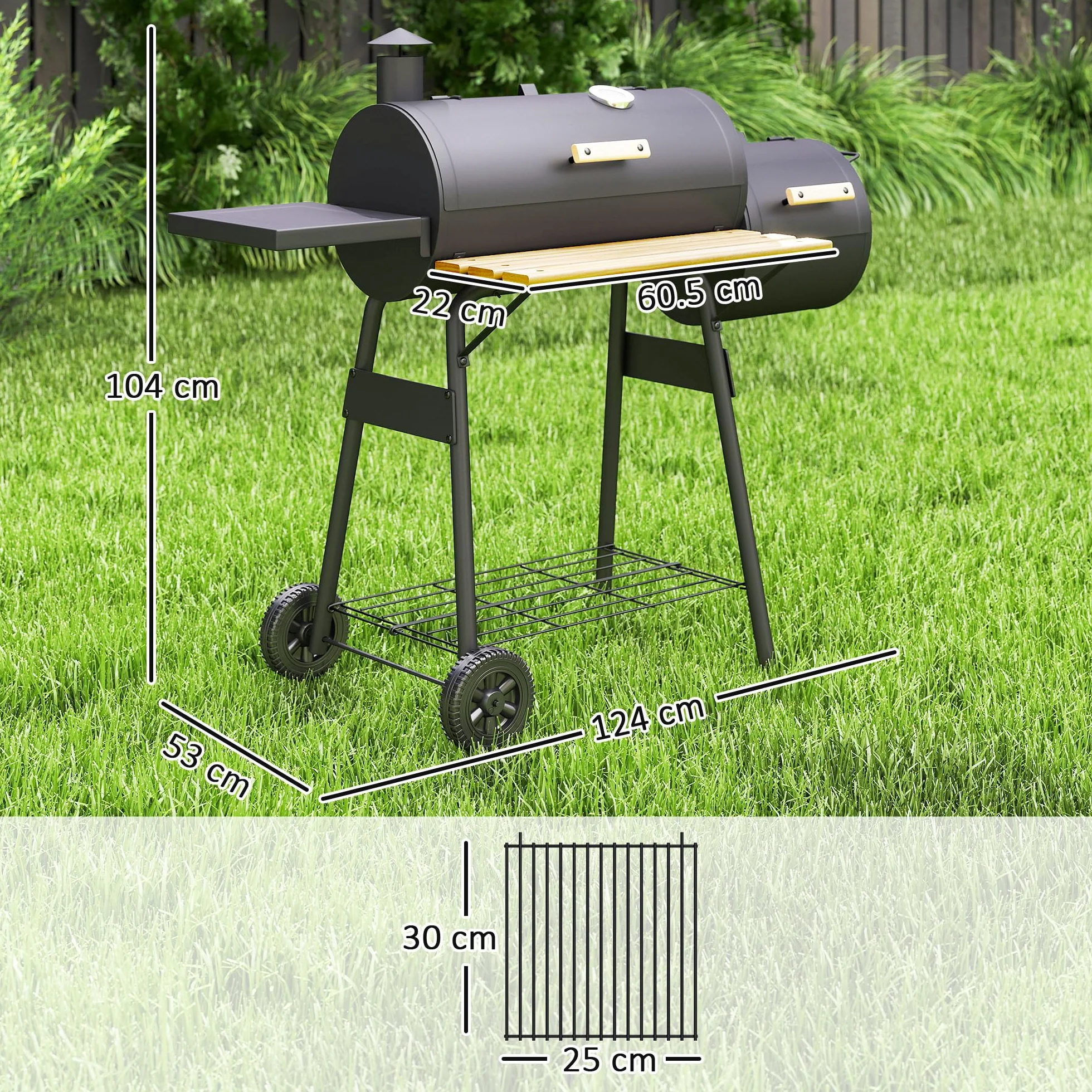 Outsunny Barbecue a Carbone con Coperchio e Affumicatore, BBQ da Giardino 124x53x104 cm Nero