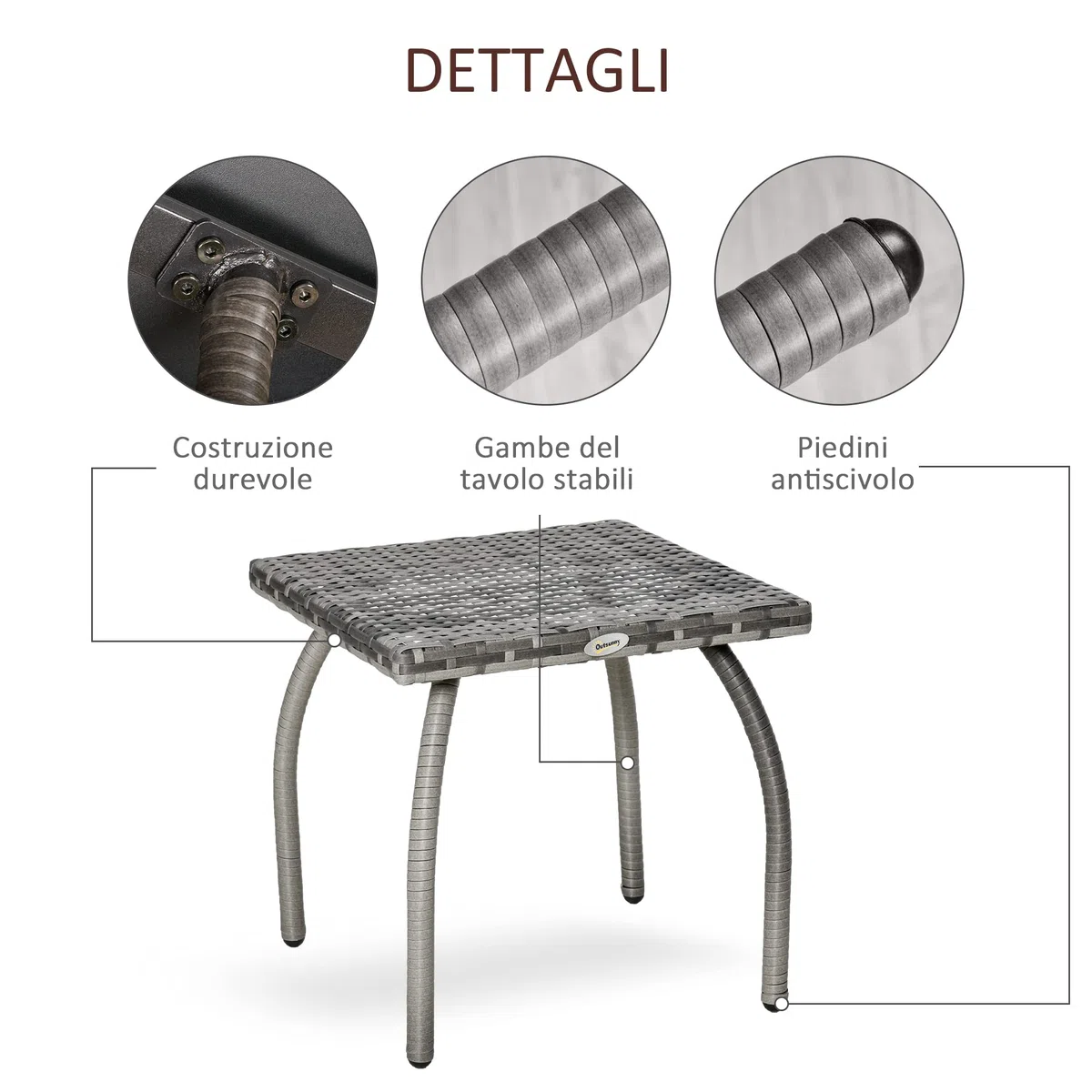 Outsunny Tavolino in Rattan Sintetico da Esterno, Giardino, Terrazzo Impermeabile Grigio 45x45x44cm