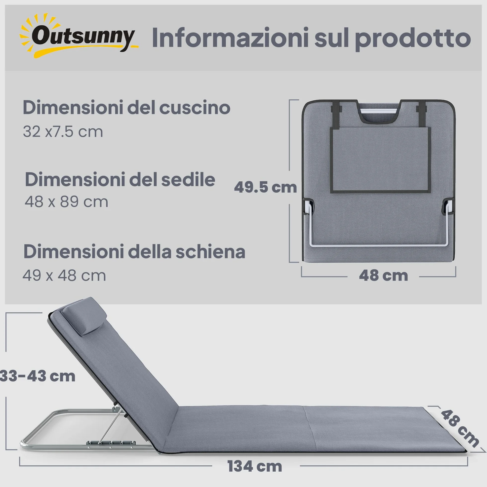 Outsunny Sdraio da Spiaggia Pieghevole 2 Pezzi con Schienale Regolabile, Acciaio e PE, 134x48x33-43 cm, Grigio