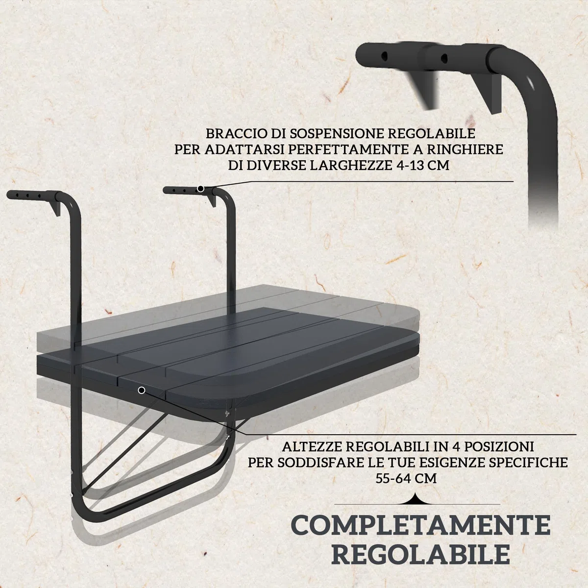 Outsunny Tavolino da Balcone Pieghevole Regolabile, Alluminio Composito Plastico Effetto Legno, Nero